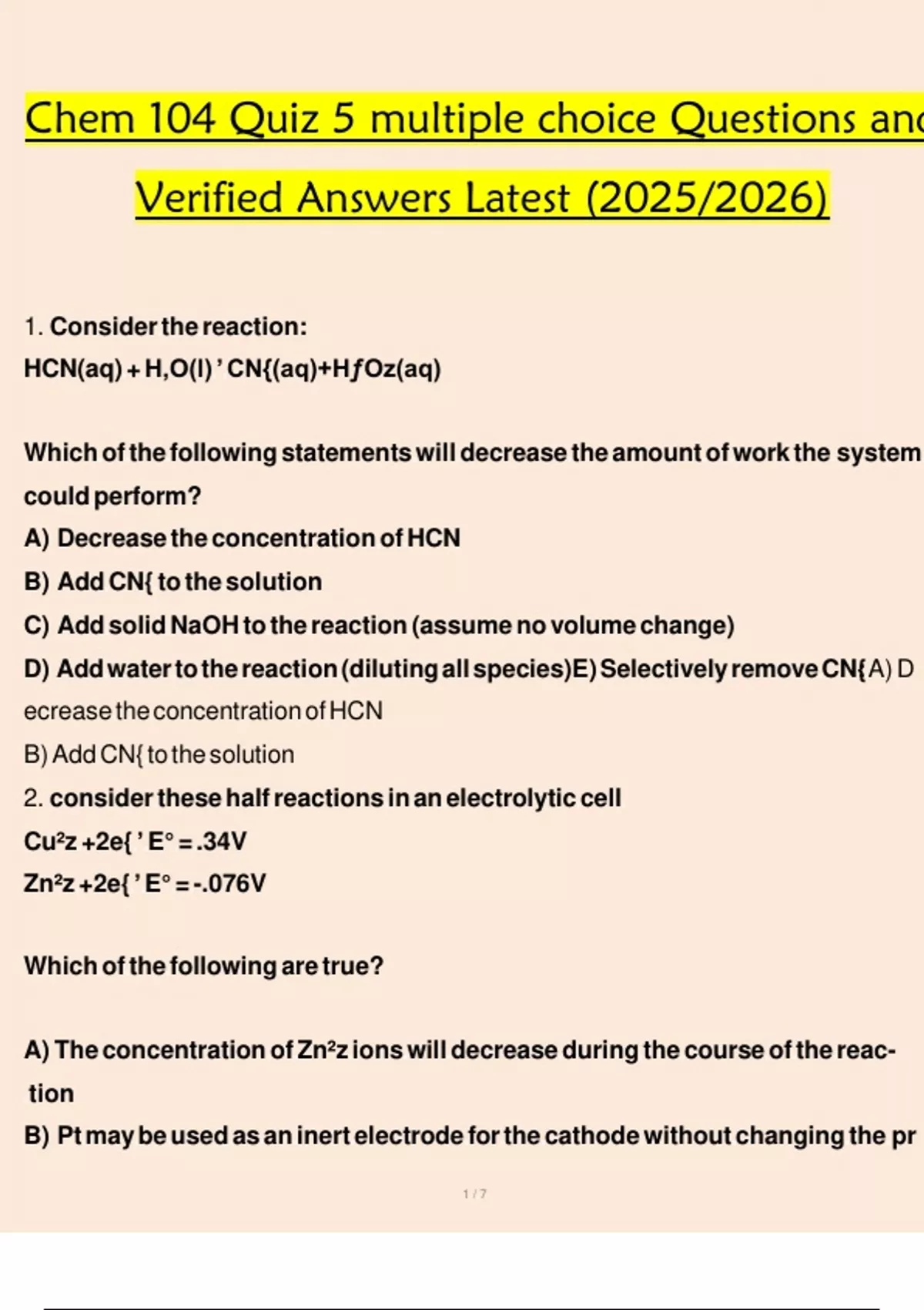 Chem 104 Quiz 5 multiple choice Questions and Verified Answers Latest ...