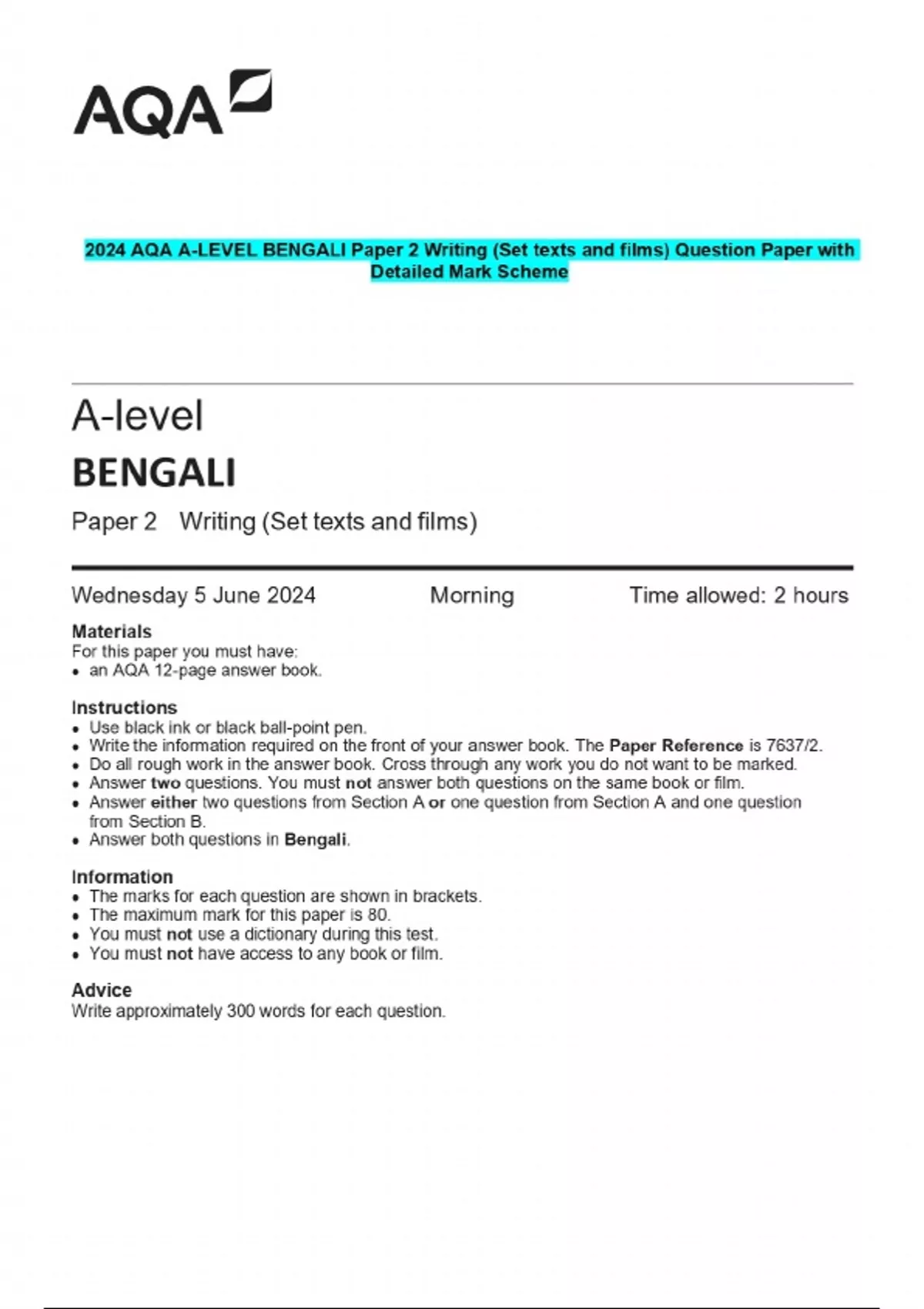 2024 AQA A-LEVEL BENGALI Paper 2 Writing (Set texts and films) Question ...