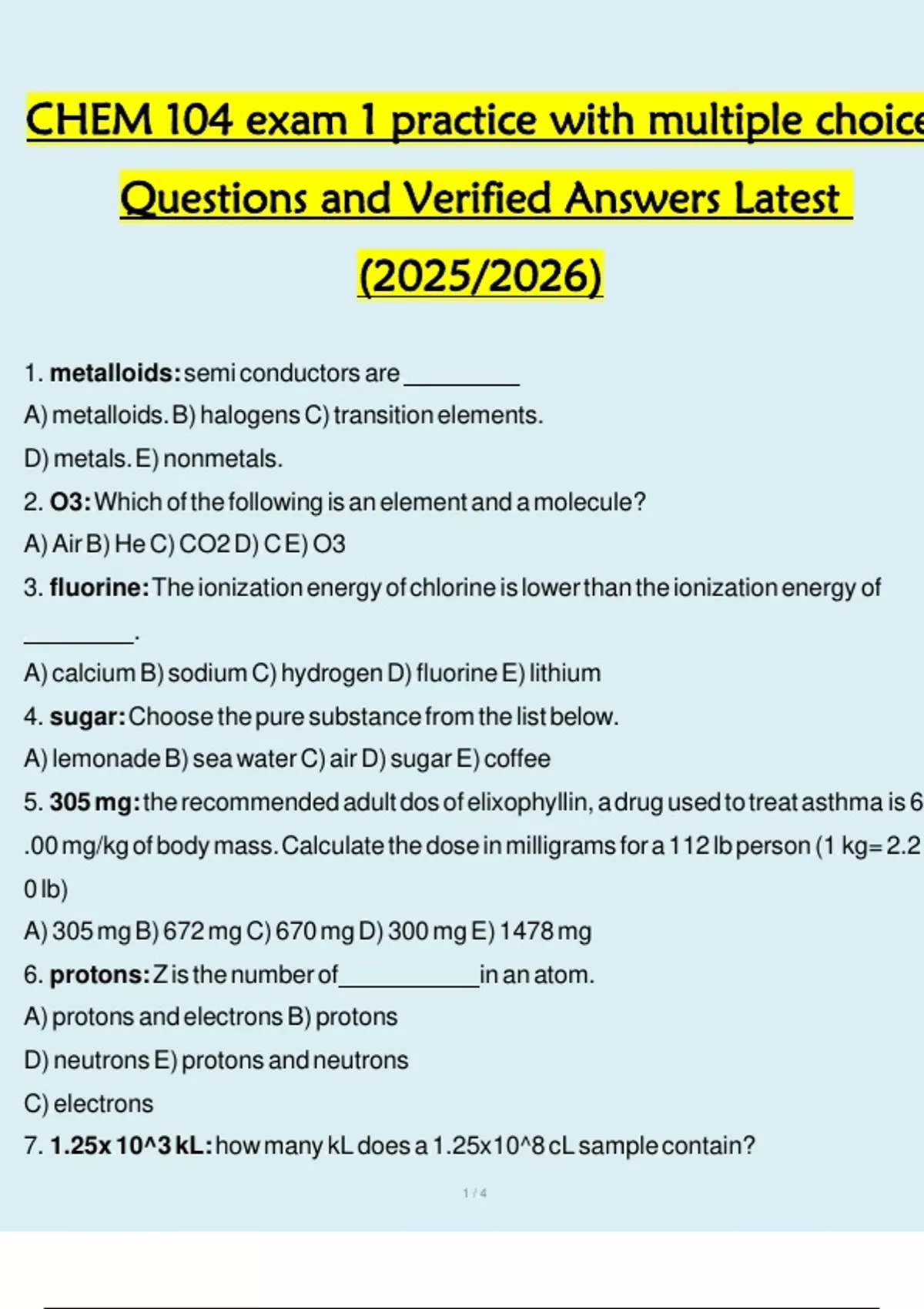 CHEM 104 exam 1 practice with multiple choice Questions and Verified ...