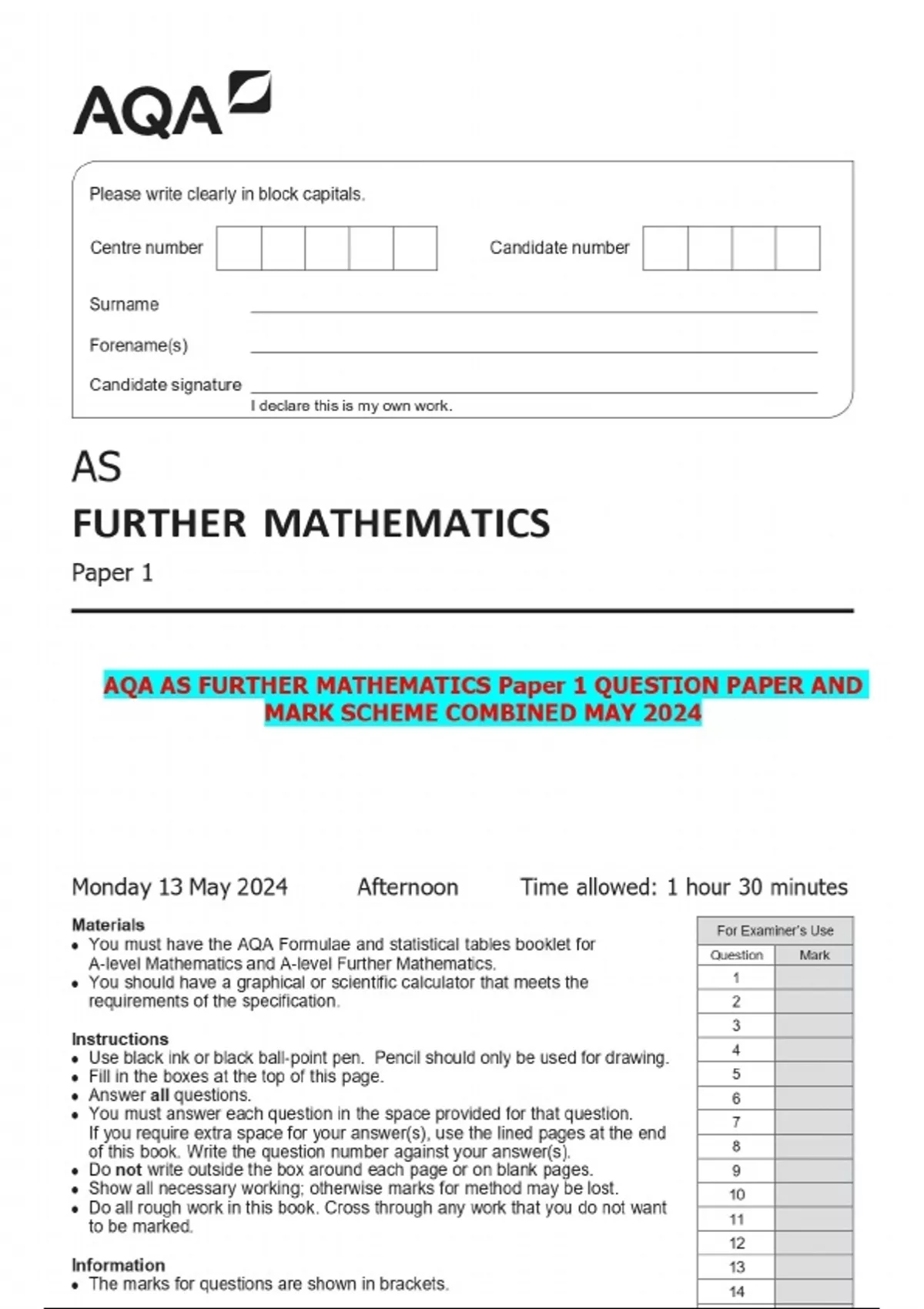 AQA AS FURTHER MATHEMATICS Paper 1 QUESTION PAPER AND MARK SCHEME ...