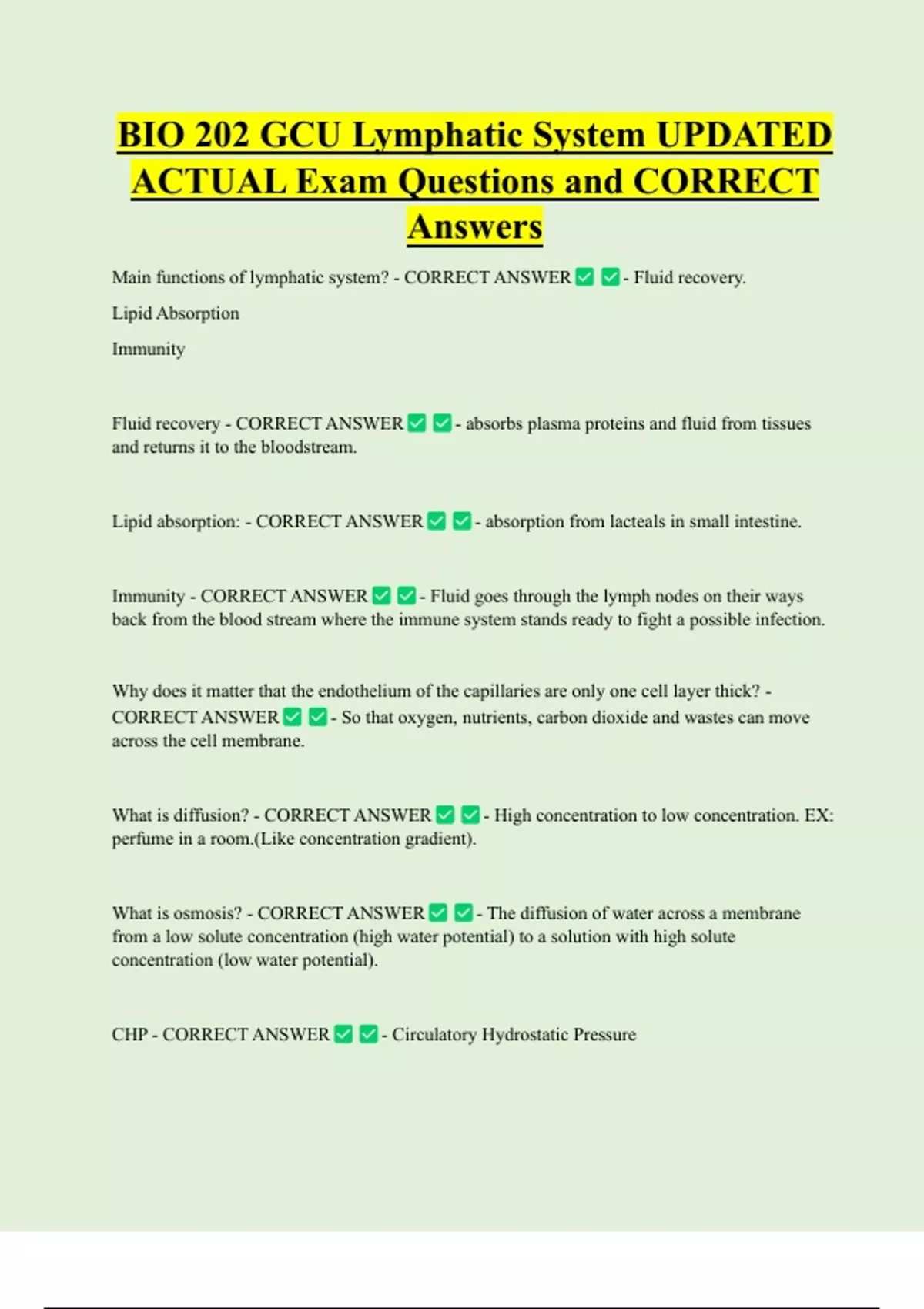 BIO 202 GCU Lymphatic System UPDATED ACTUAL Exam Questions and CORRECT ...