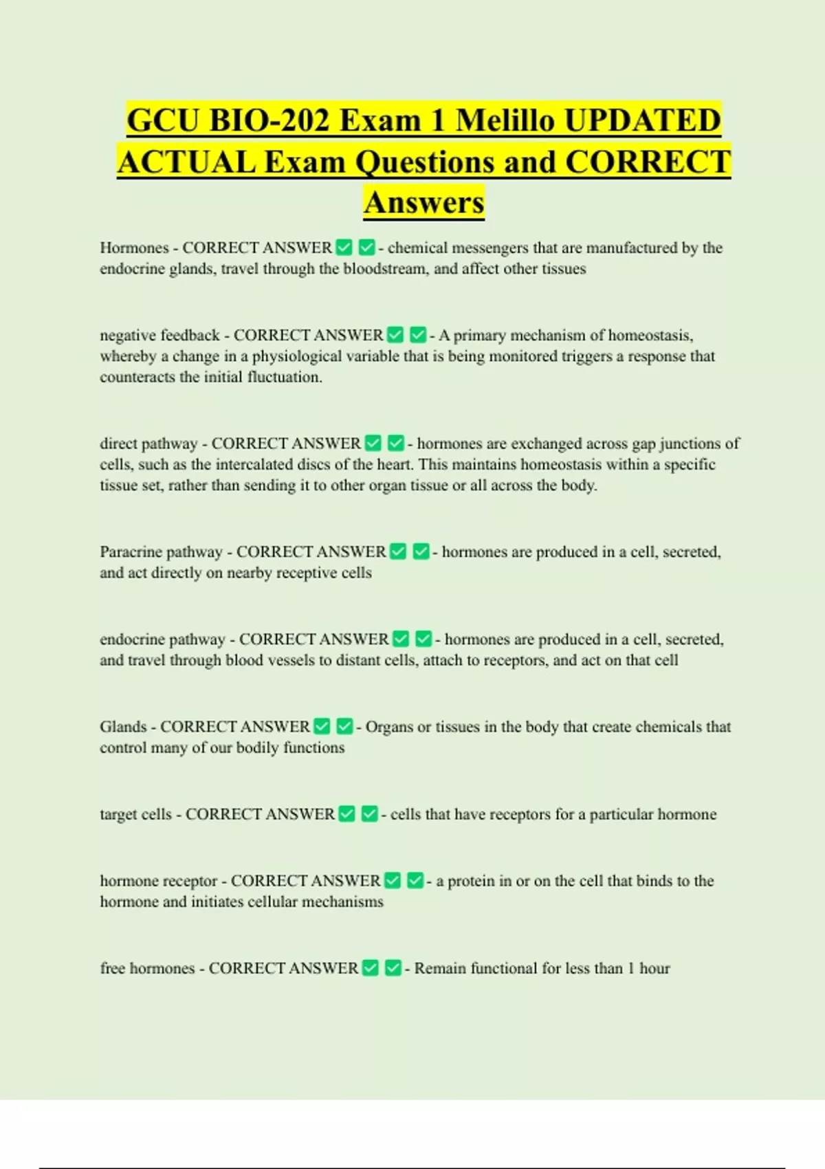 GCU BIO-202 Exam 1 Melillo UPDATED ACTUAL Exam Questions and CORRECT ...