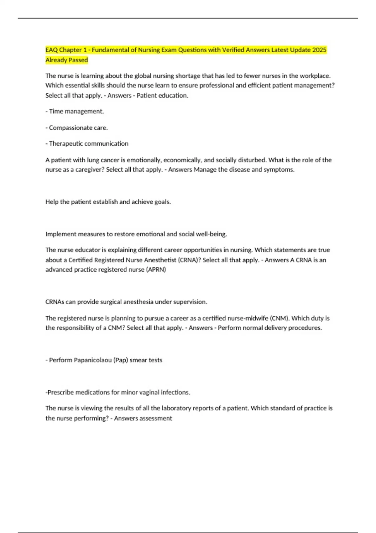 EAQ Chapter 1 - Fundamental of Nursing Exam Questions with Verified ...