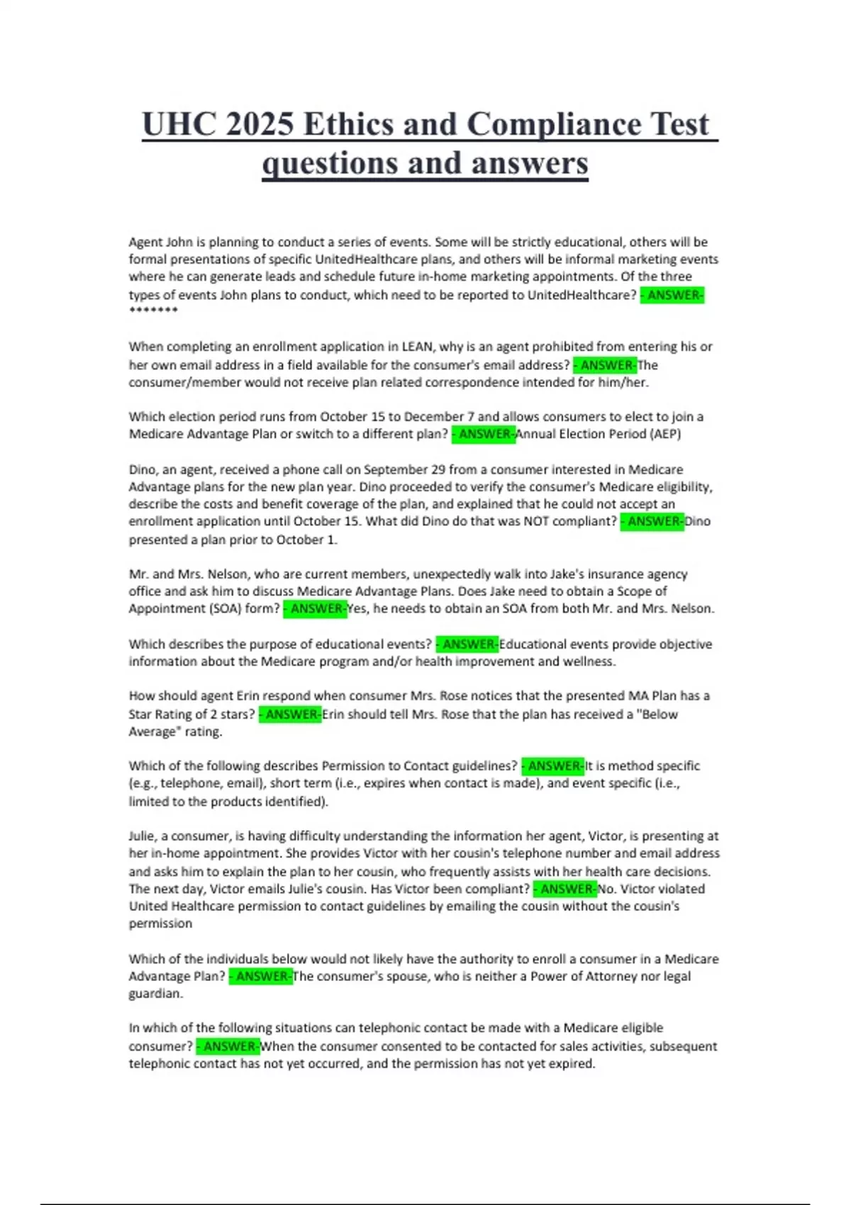UHC 2025 Ethics and Compliance Test questions and answers - UHC ethics ...