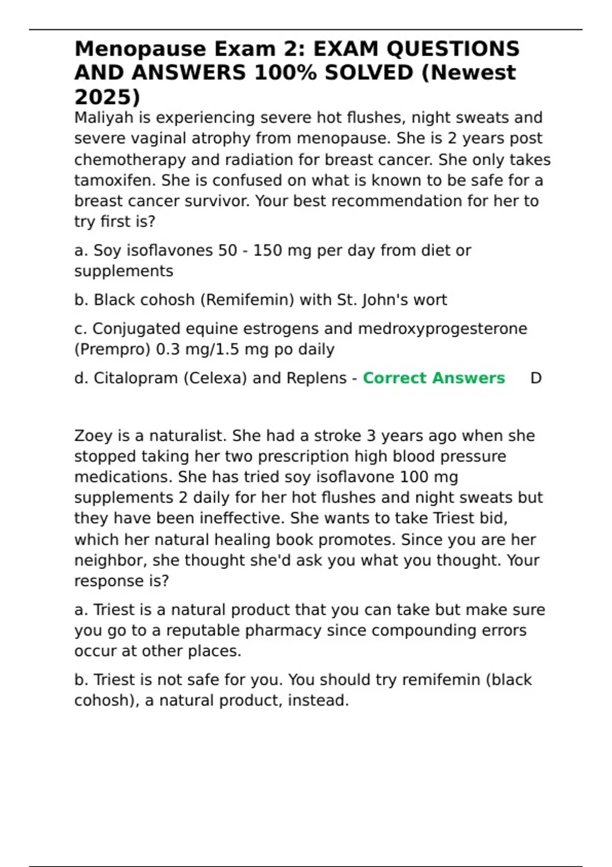 Menopause Exam 2 EXAM QUESTIONS AND ANSWERS 100- SOLVED (Newest 2025 ...