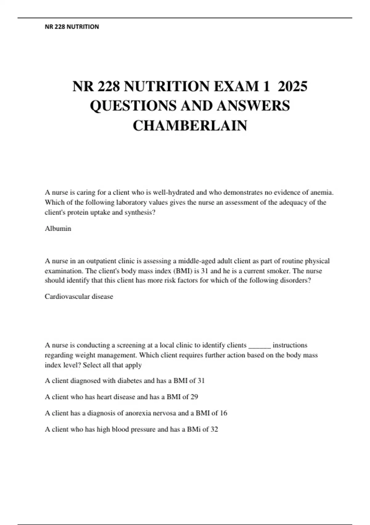 NR 228 NUTRITION EXAM 1 2025 QUESTIONS AND ANSWERS CHAMBERLAIN - NR 228 ...