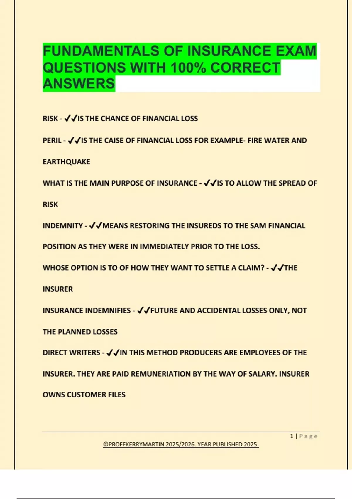 FUNDAMENTALS OF INSURANCE EXAM QUESTIONS WITH 100% CORRECT ANSWERS ...