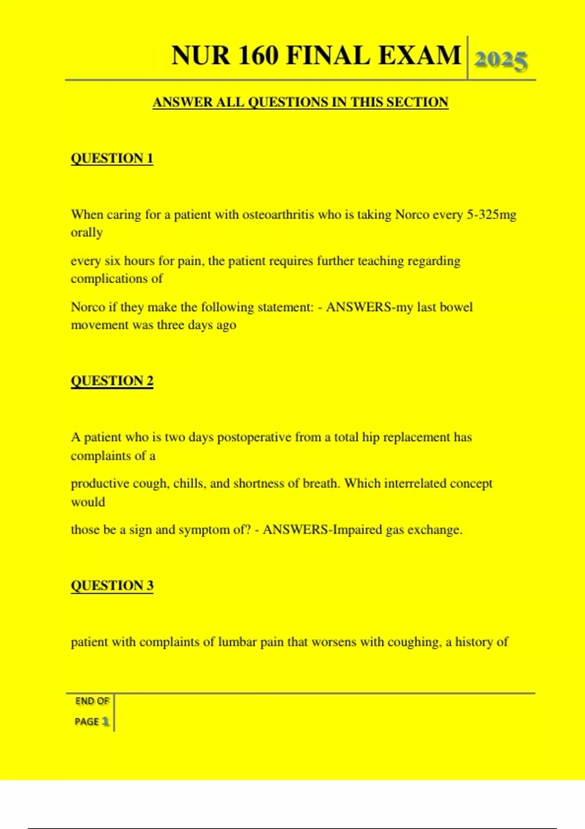 NUR 160 FINAL EXAM QUESTIONS AND ANSWERS 2025 - NUR 160 - Stuvia US