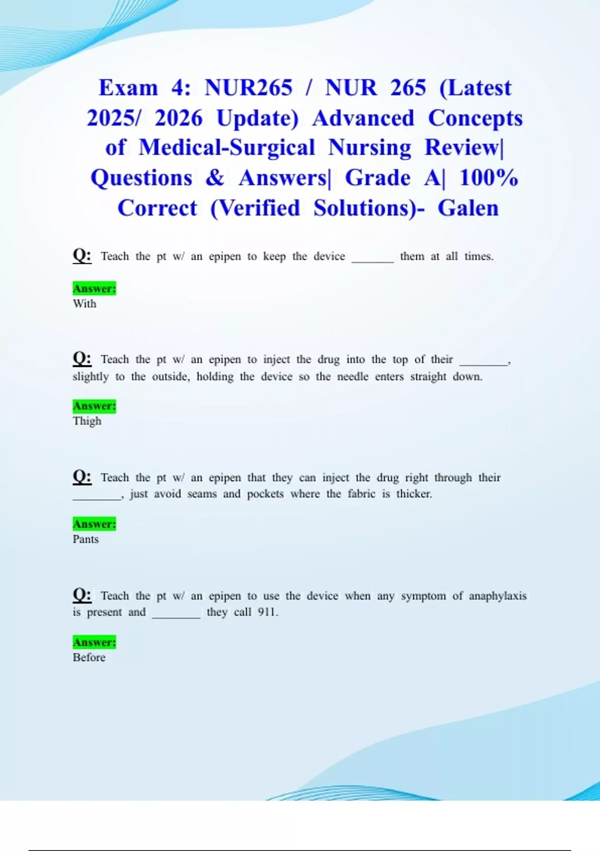 Exam 4: NUR265 / NUR 265 (Latest 2025/ 2026 Update) Advanced Concepts ...