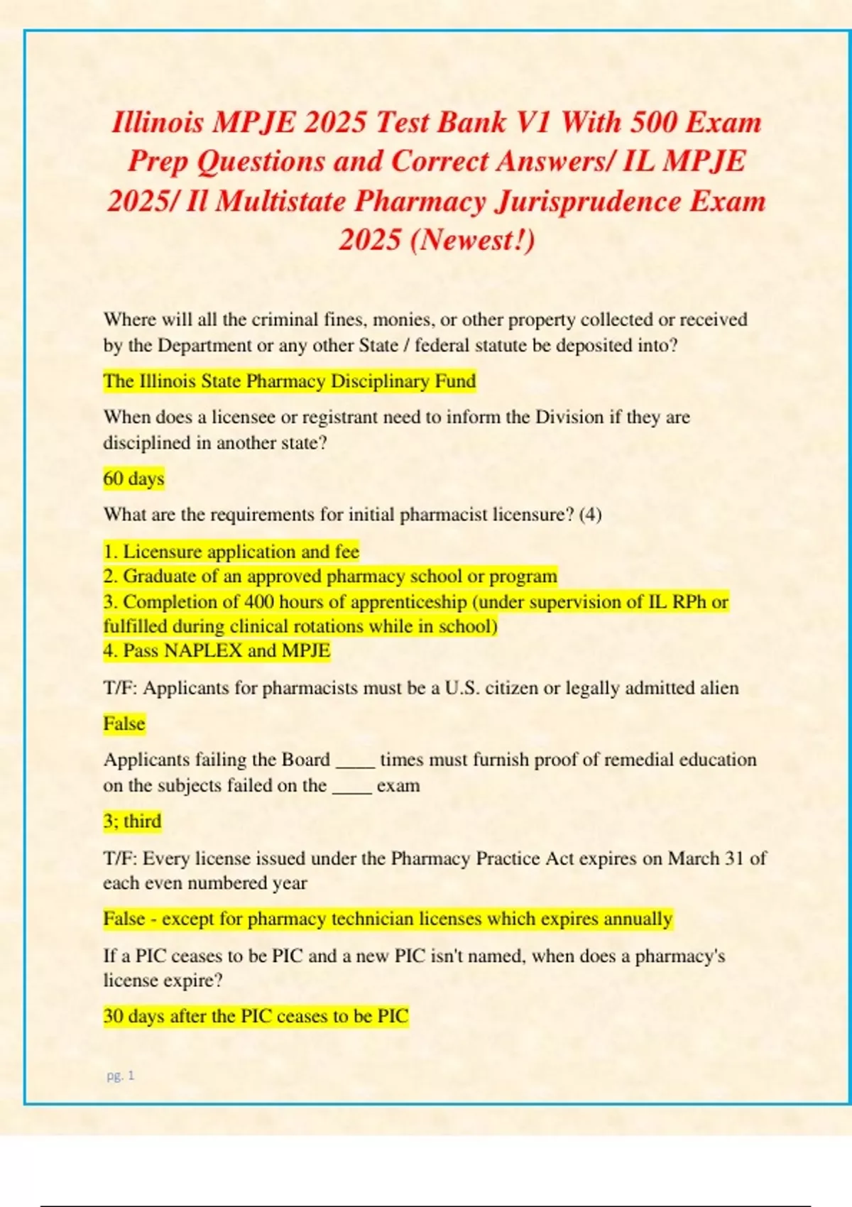 Illinois MPJE 2025 Test Bank V1 With 500 Exam Prep Questions and Correct Answers/ IL MPJE 2025 ...