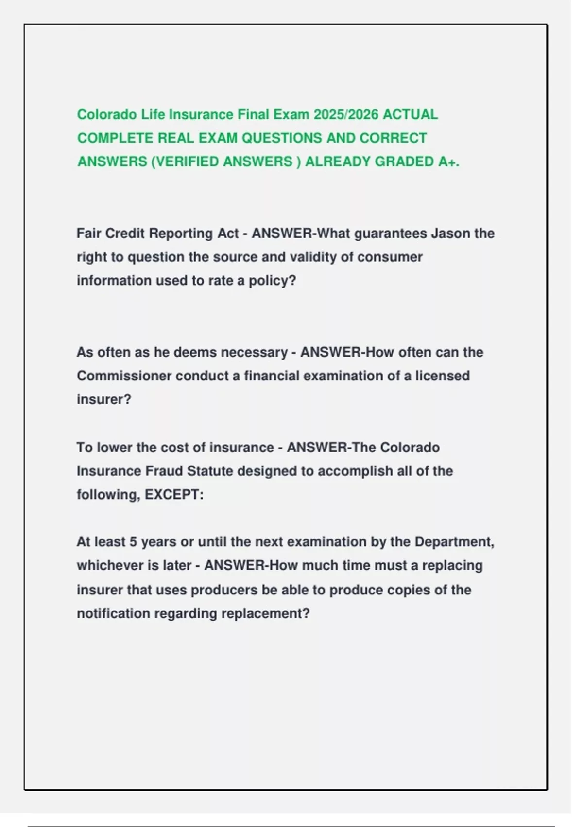 Colorado Life Insurance Exams || Most Recent Exams 2026 - Stuvia US