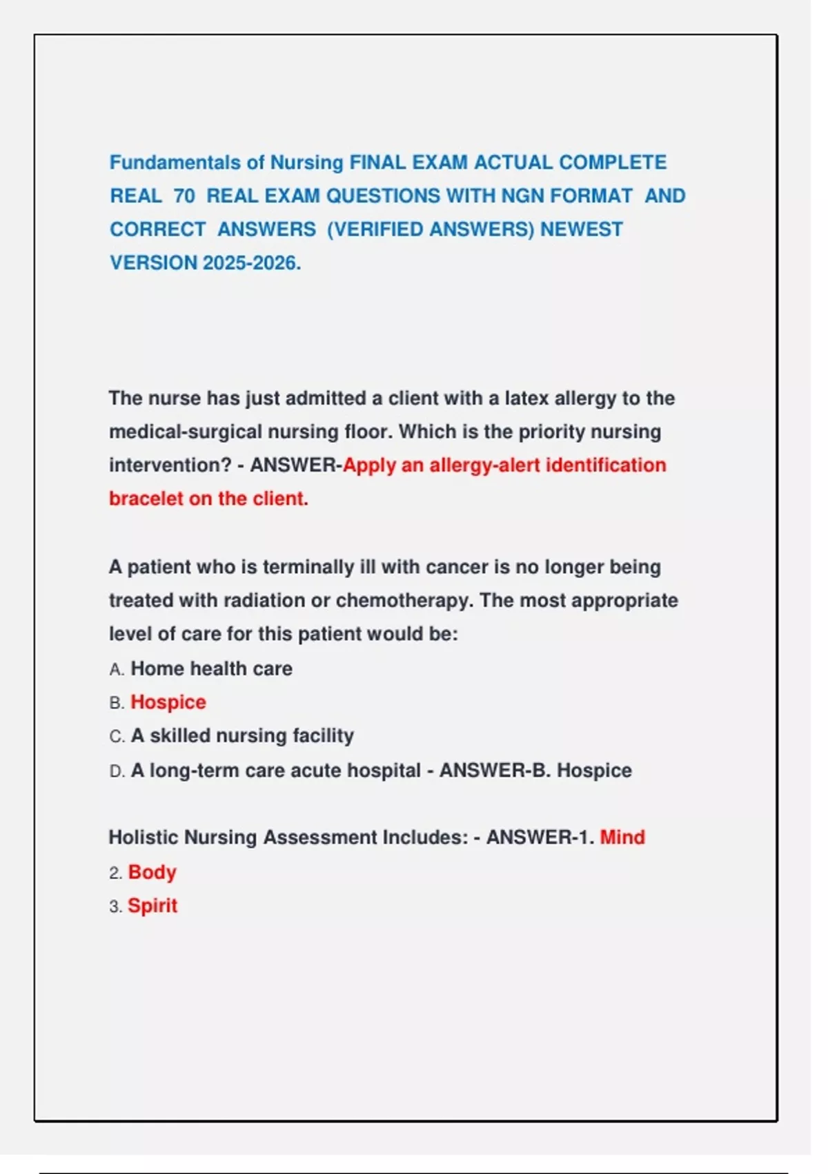 Fundamentals of Nursing FINAL EXAM ACTUAL COMPLETE REAL 70 REAL EXAM ...