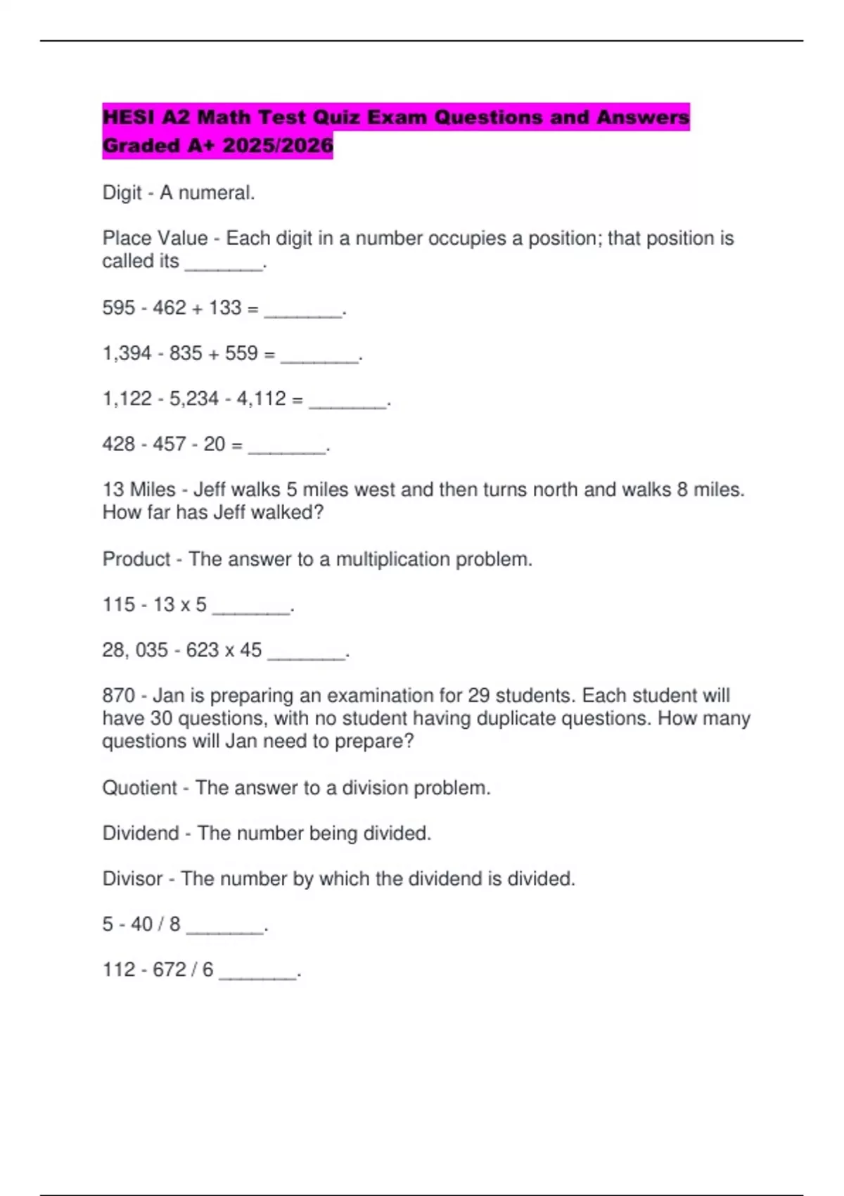 HESI A2 Math Test Quiz Exam Questions and Answers Graded A+ 2025/2026 ...