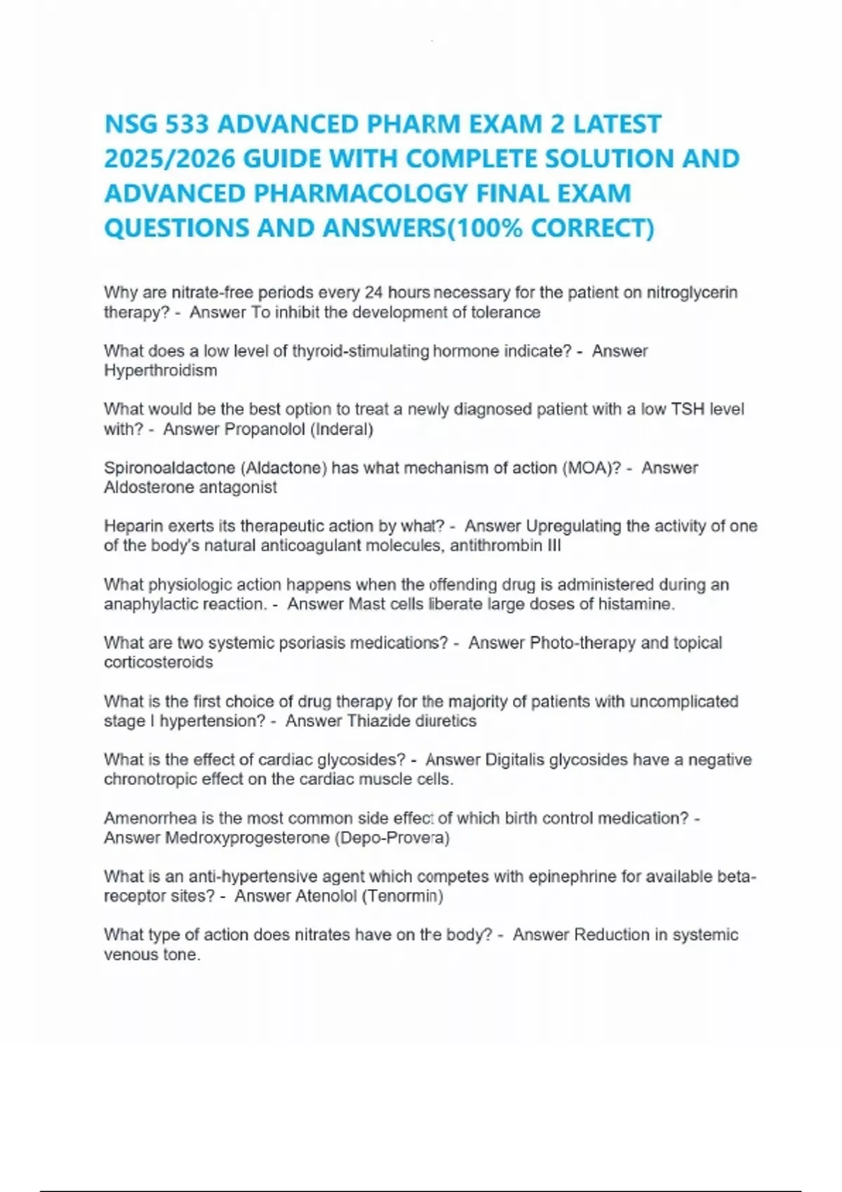NSG 533 ADVANCED PHARM EXAM 2 LATEST 2025/2026 GUIDE WITH COMPLETE ...