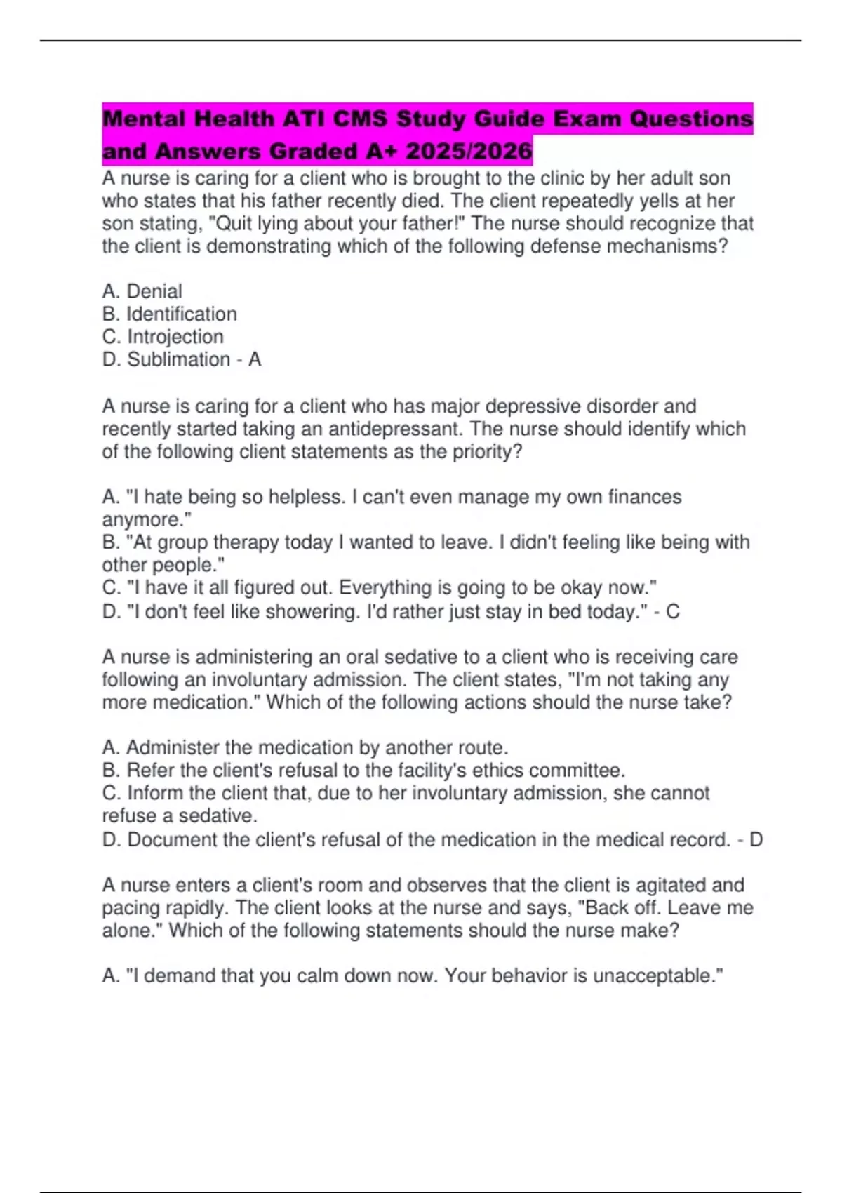 Mental Health ATI CMS Study Guide Exam Questions and Answers Graded A+ ...