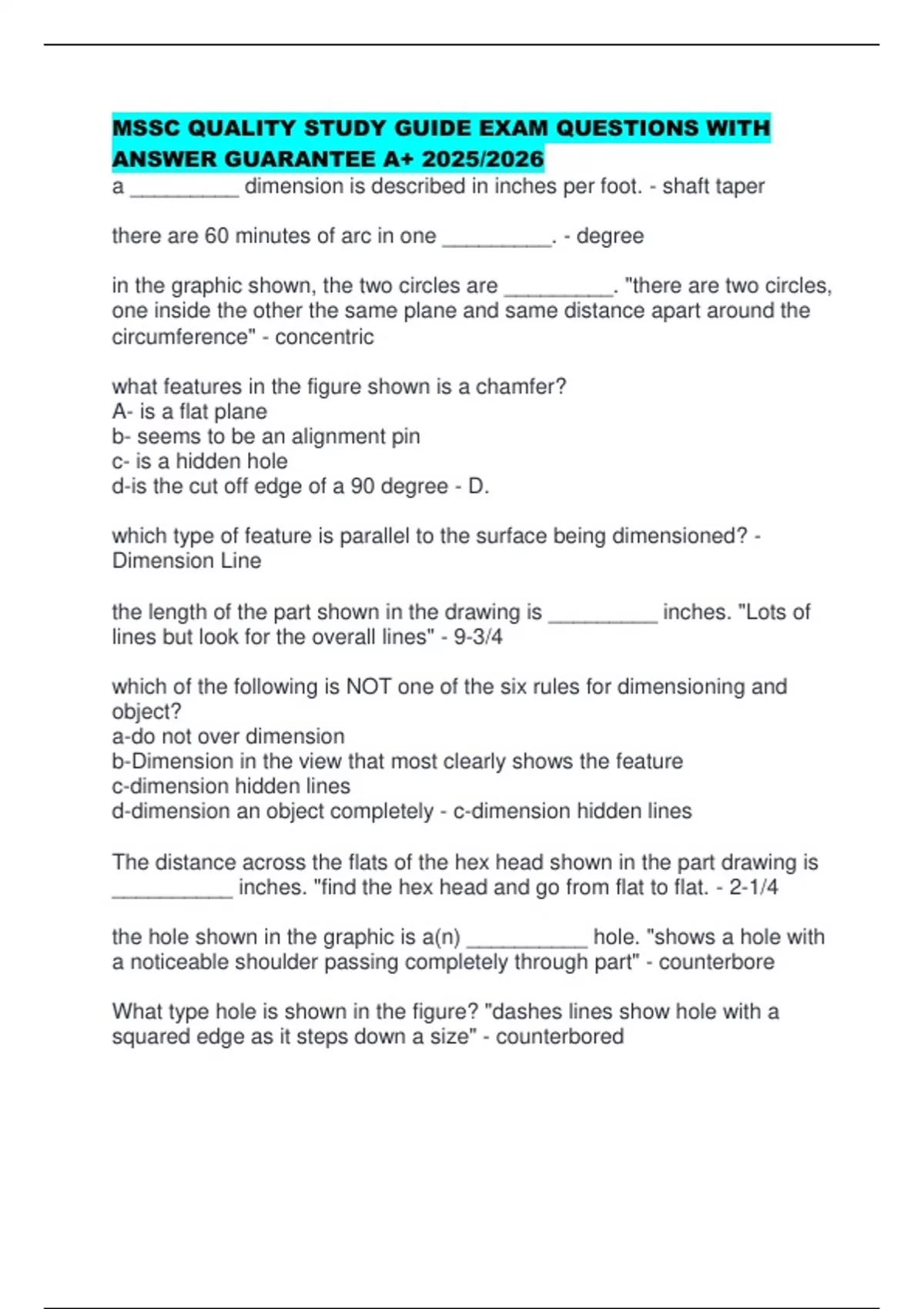 MSSC QUALITY STUDY GUIDE EXAM QUESTIONS WITH ANSWER GUARANTEE A+ 2025/ ...