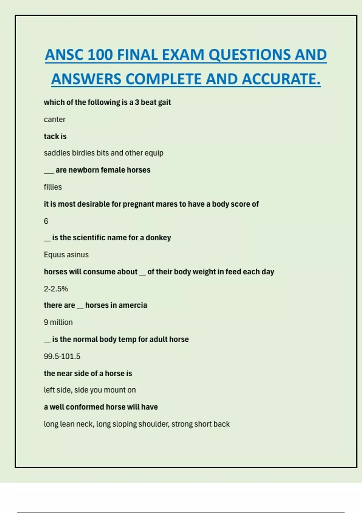 ANSC 100 FINAL EXAM QUESTIONS AND ANSWERS COMPLETE AND ACCURATE. - ANSC ...