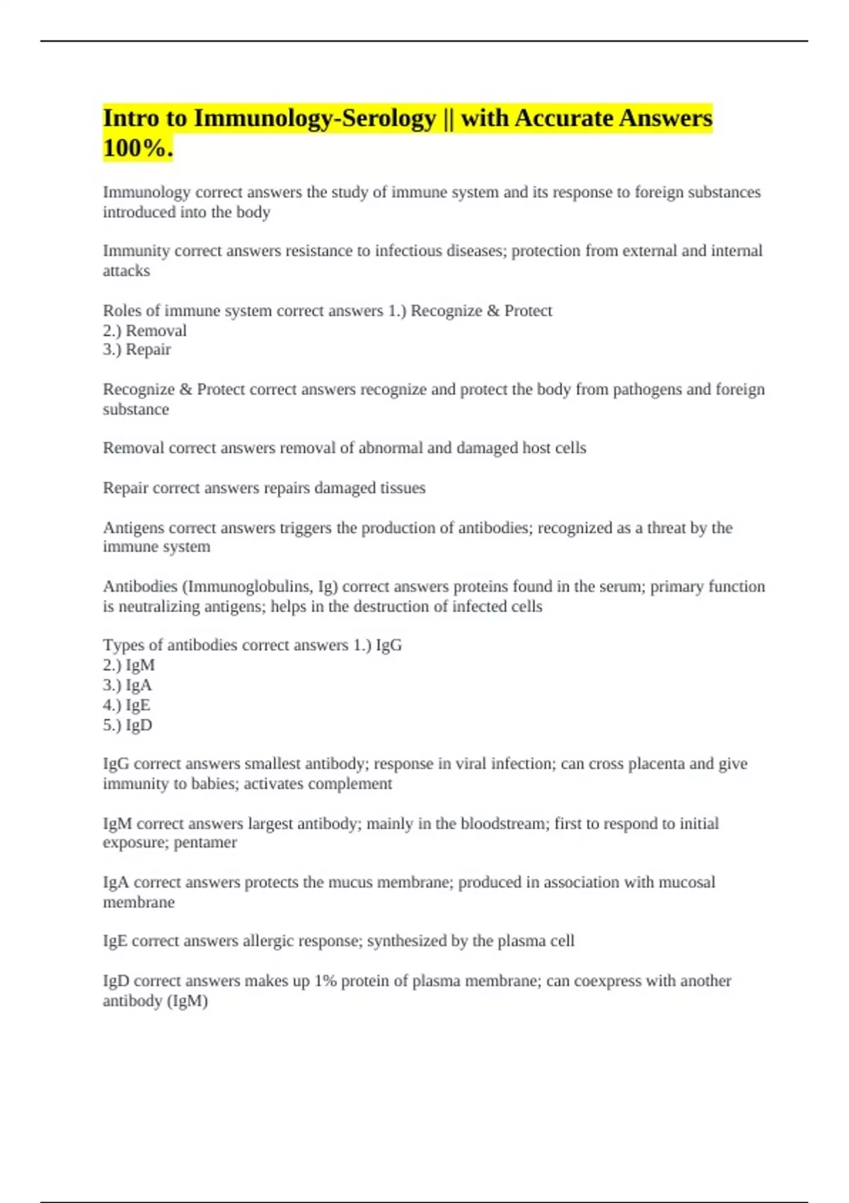 Intro to Immunology-Serology || with Accurate Answers 100%. - Intro to ...