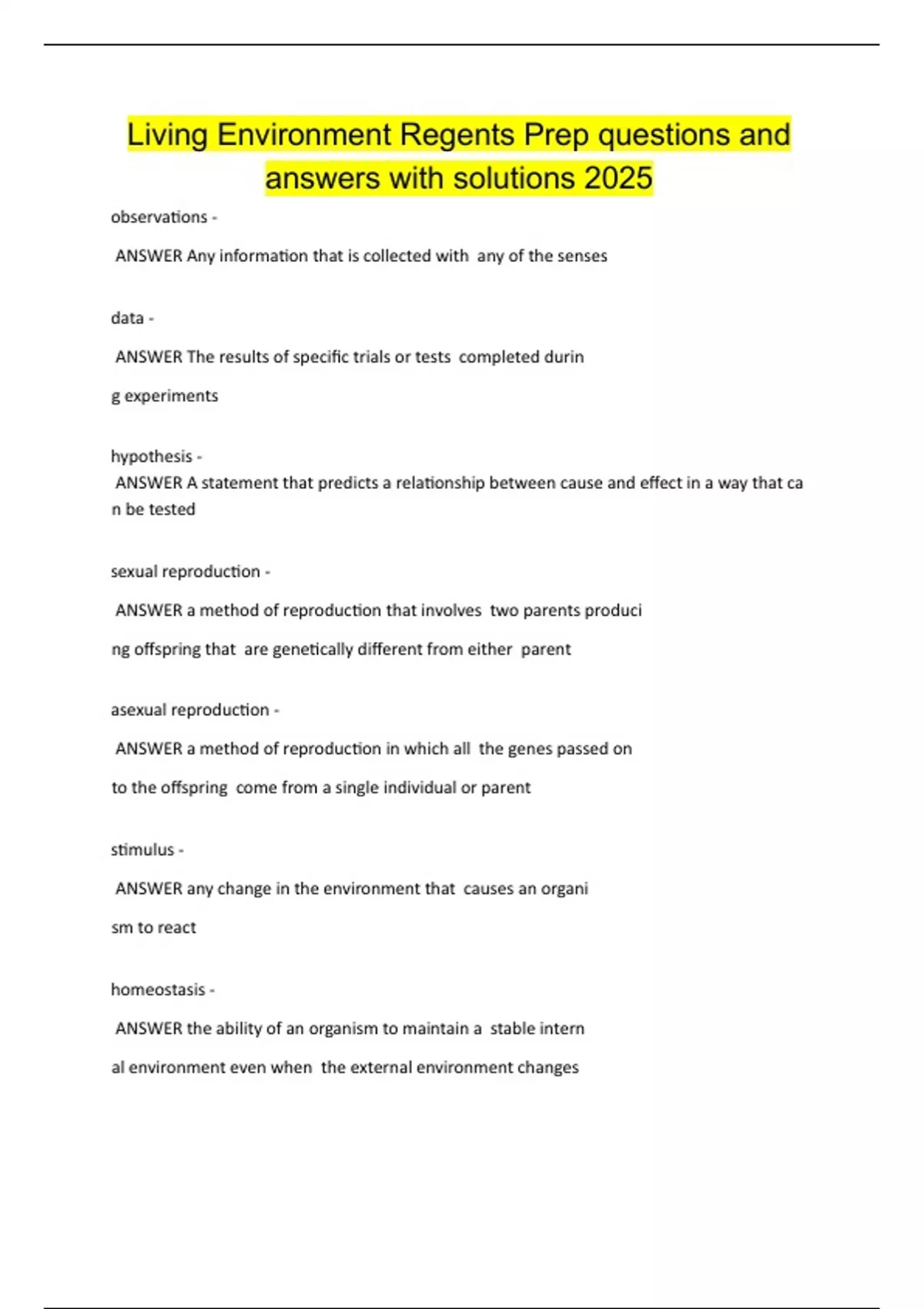 Living Environment Regents Prep questions and answers with solutions ...