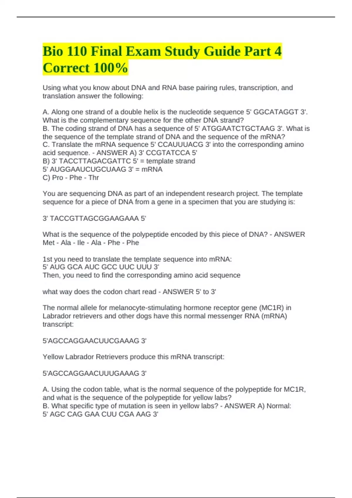 Bio 110 Final Exam Study Guide Part 4 Correct 100% - Bio 110 - Stuvia US