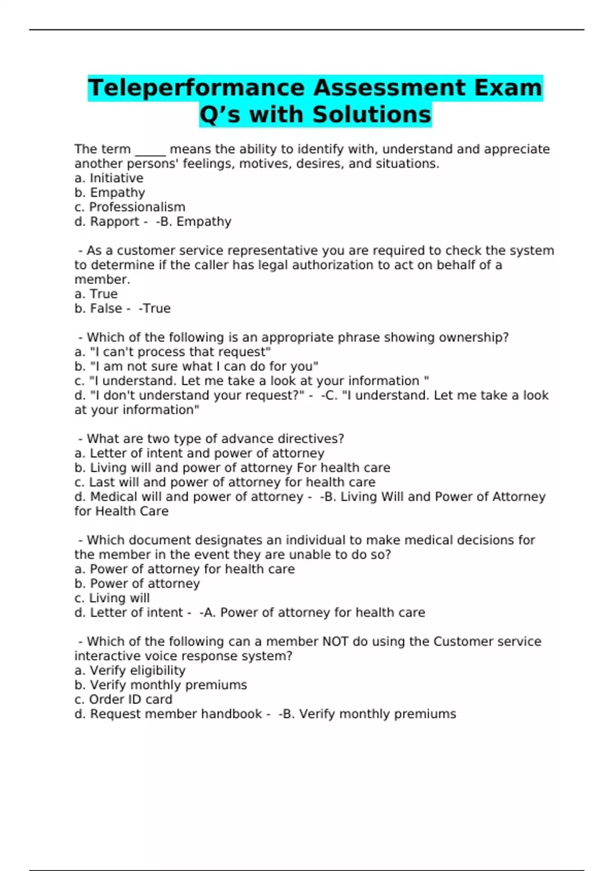 Teleperformance Assessment Exam Q’s with Solutions - Teleperformance ...