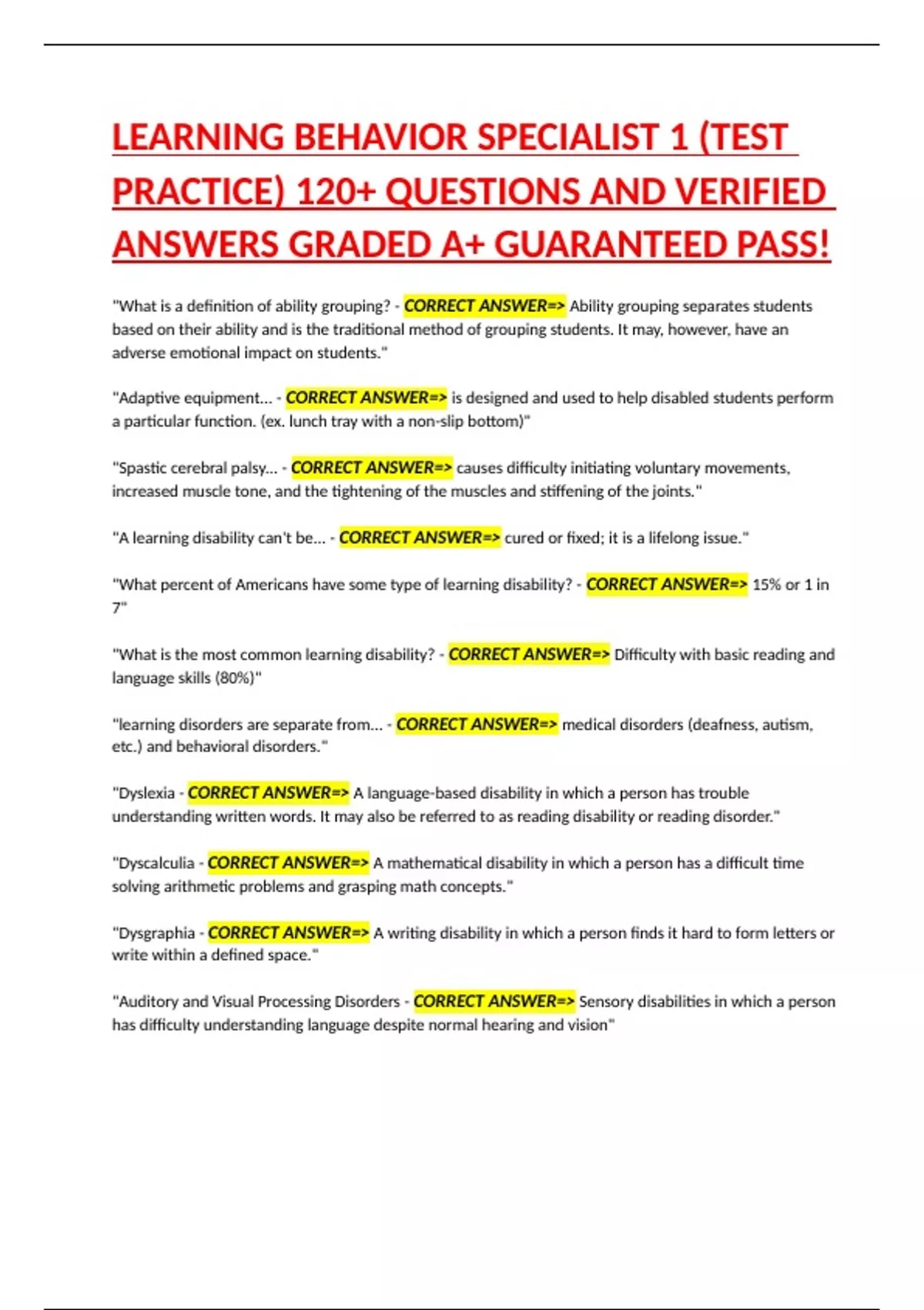 LEARNING BEHAVIOR SPECIALIST 1 (TEST PRACTICE) 120+ QUESTIONS AND ...
