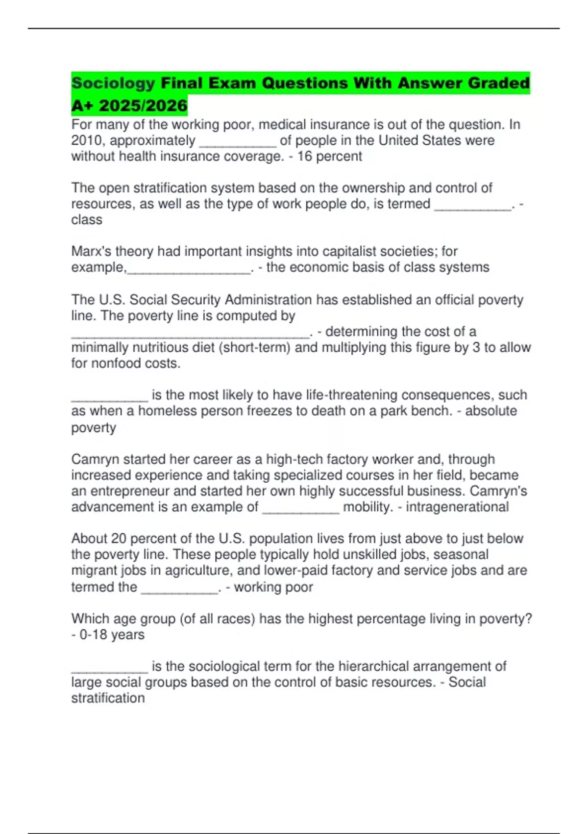 Sociology Final Exam Questions With Answer Graded A+ 2025/2026 ...