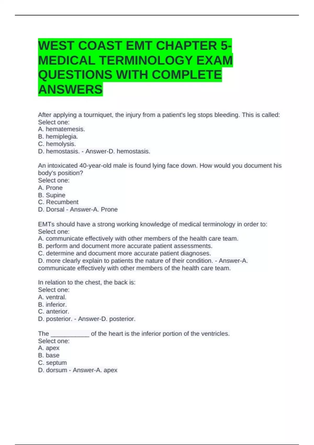 WEST COAST EMT CHAPTER 5-MEDICAL TERMINOLOGY EXAM QUESTIONS WITH ...