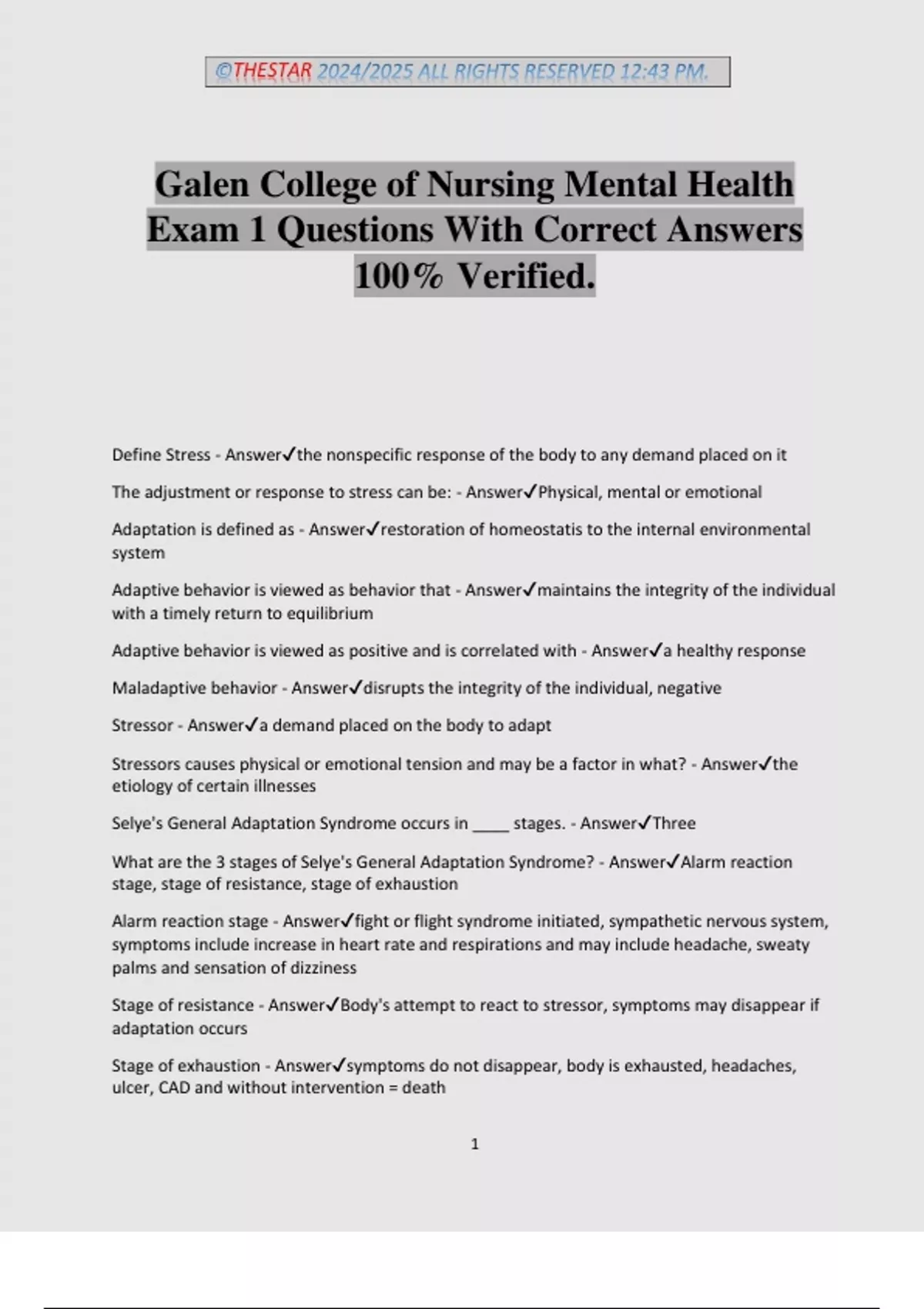 Galen College of Nursing Mental Health Exam 1 Questions With Correct ...