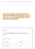 NC NURSE AIDE WRITTEN STATE EXAM &lpar;CURRENT MODULES&colon; A&comma;B&comma; C&comma; D&comma; E&comma; F&comma; G&comma;&rpar; 137 QUESTIONS WITH PASSED ANSWERS&excl;&excl;