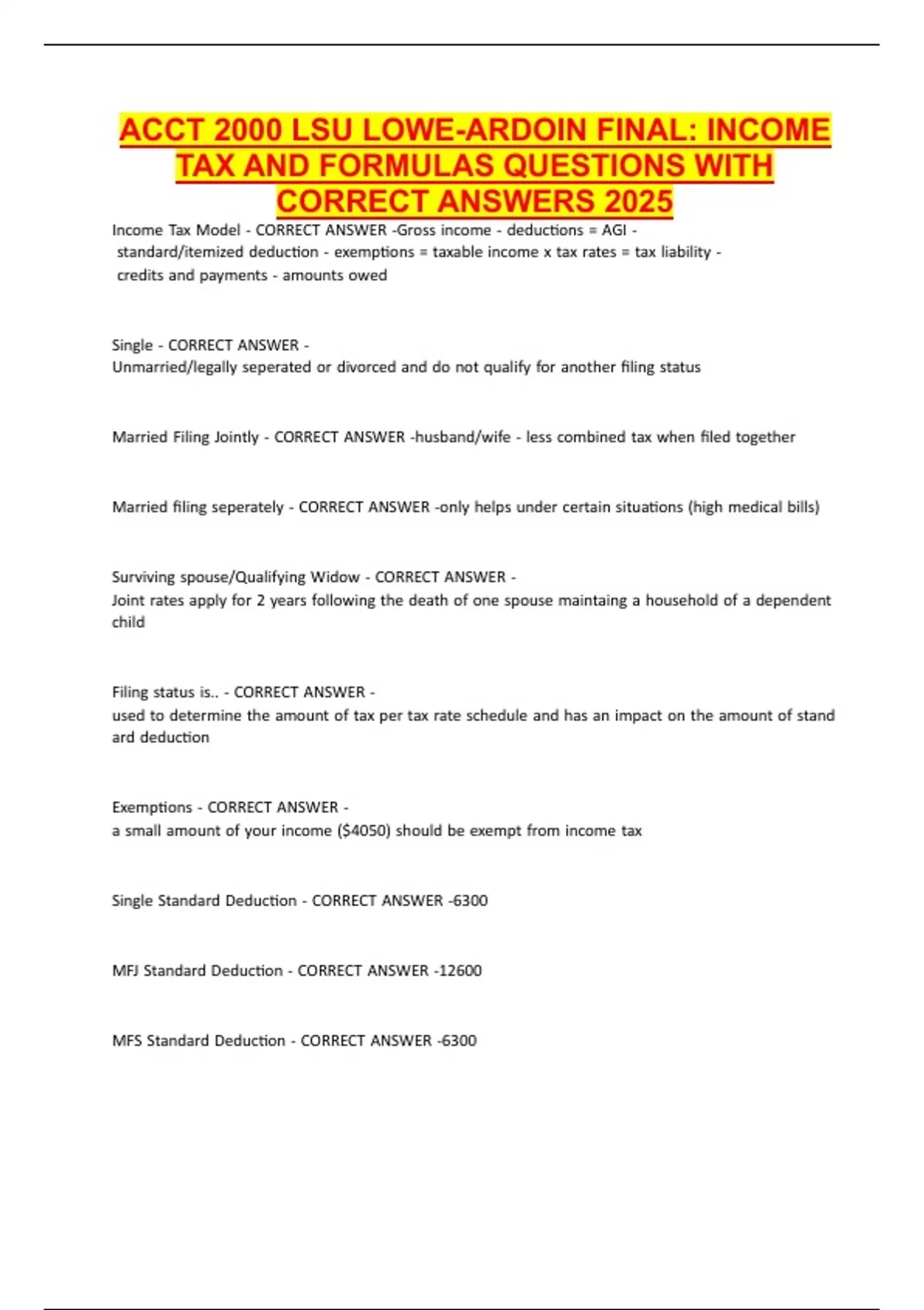 ACCT 2000 LSU LOWEARDOIN FINAL TAX AND FORMULAS QUESTIONS WITH