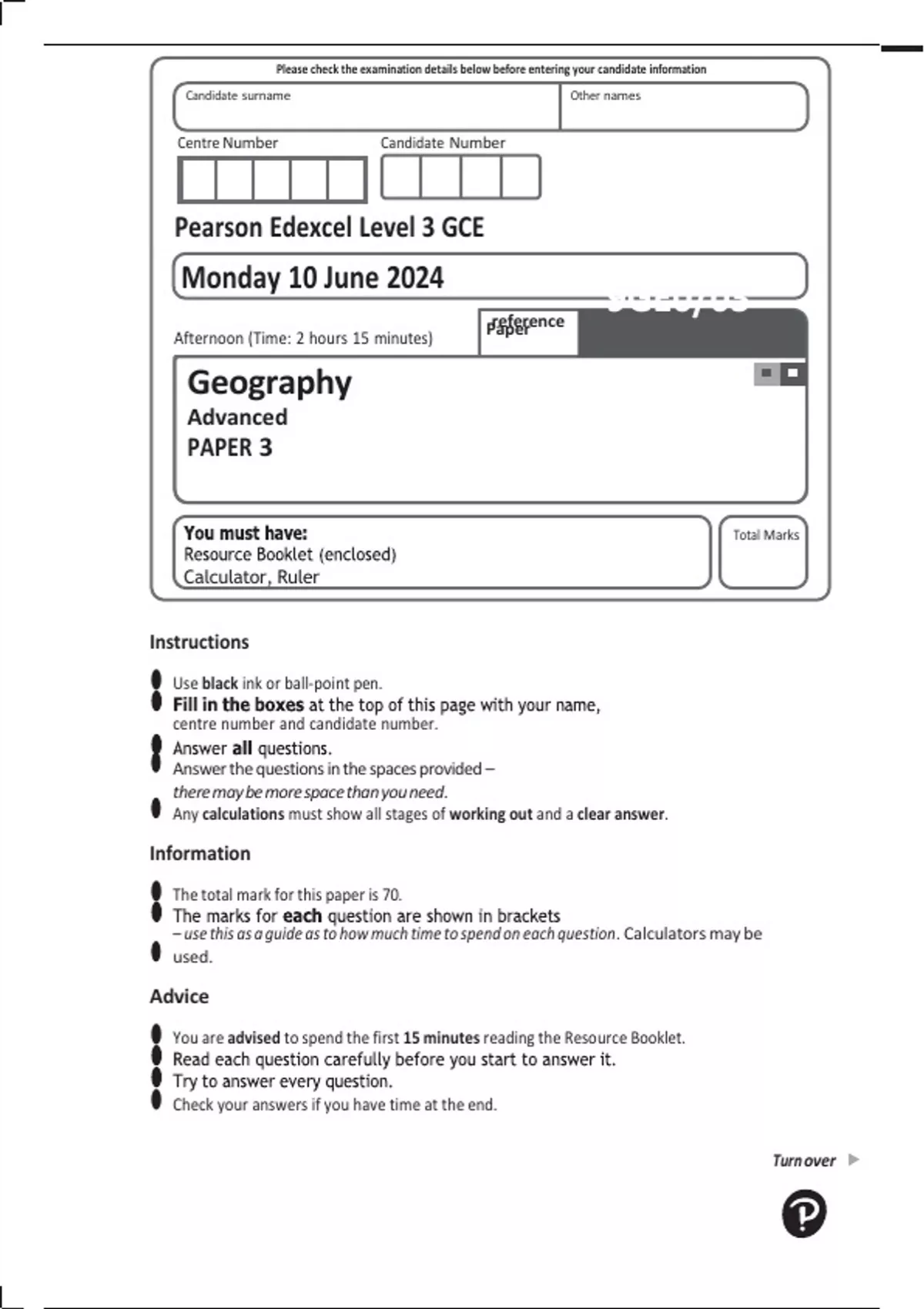 2024 Pearson Edexcel GCE In Geography (9GE0) Paper 3 ACTUAL QUESTION ...