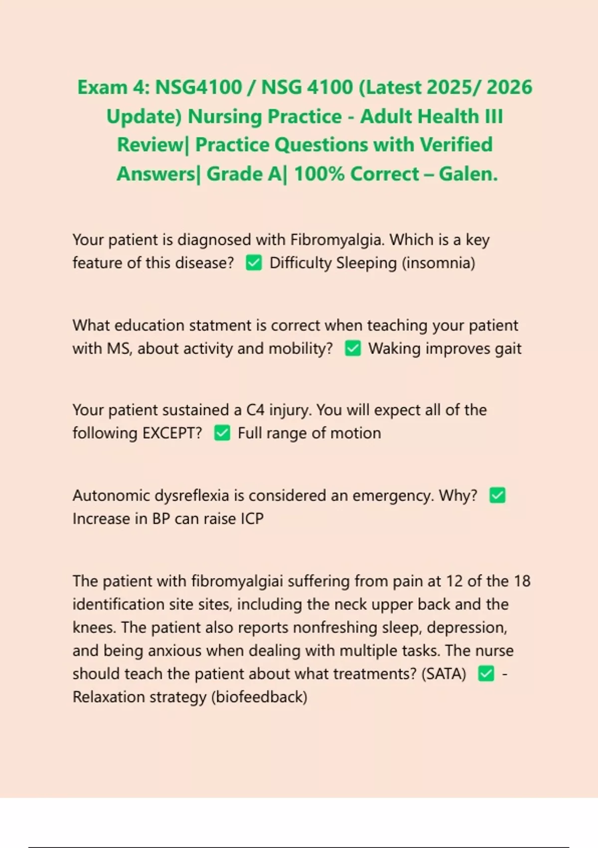 Exam 4: NSG4100 / NSG 4100 (Latest 2025/ 2026 Update) Nursing Practice ...