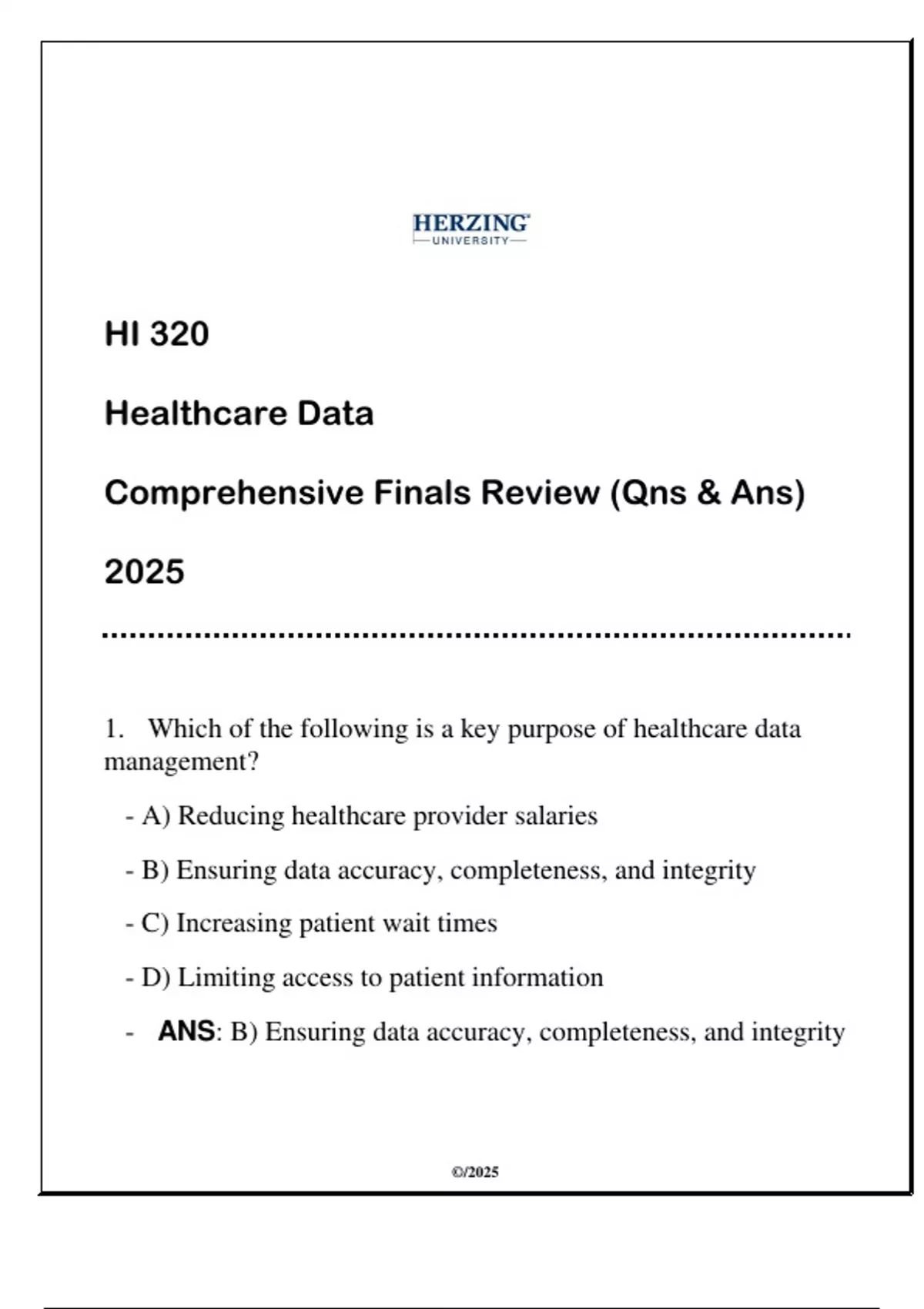 HI 320 (HC DATA) COMPREHENSIVE FINALS REVIEW 2025 ANSWERED - NURSING ...