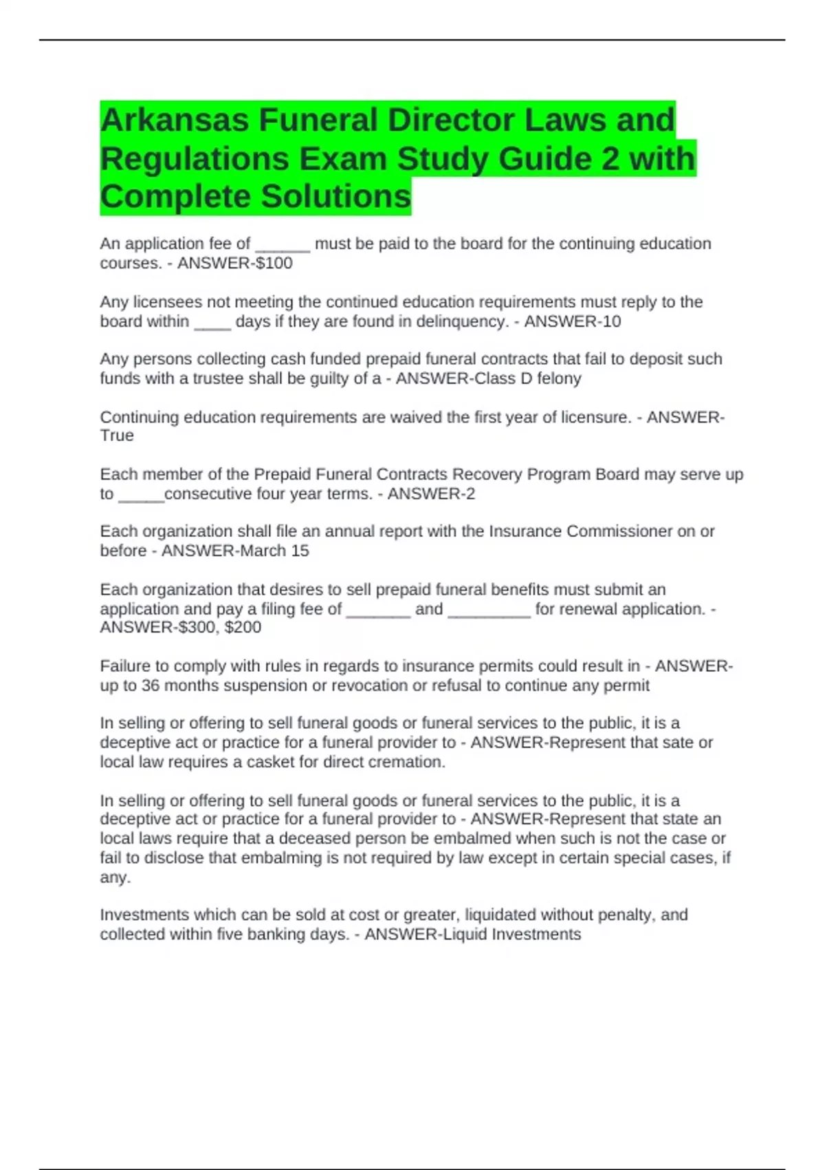 Arkansas Funeral Director Laws and Regulations Exam Study Guide 2 with Complete Solutions ...