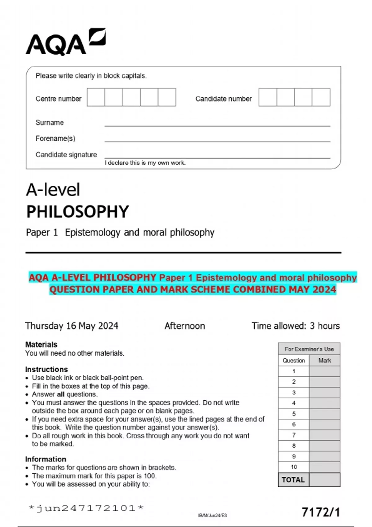 Aqa A Level Philosophy Paper 1 Epistemology And Moral Philosophy