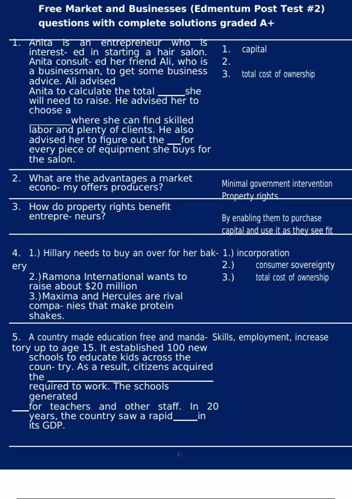 Free Market and Businesses (Edmentum Post Test #2) questions with ...