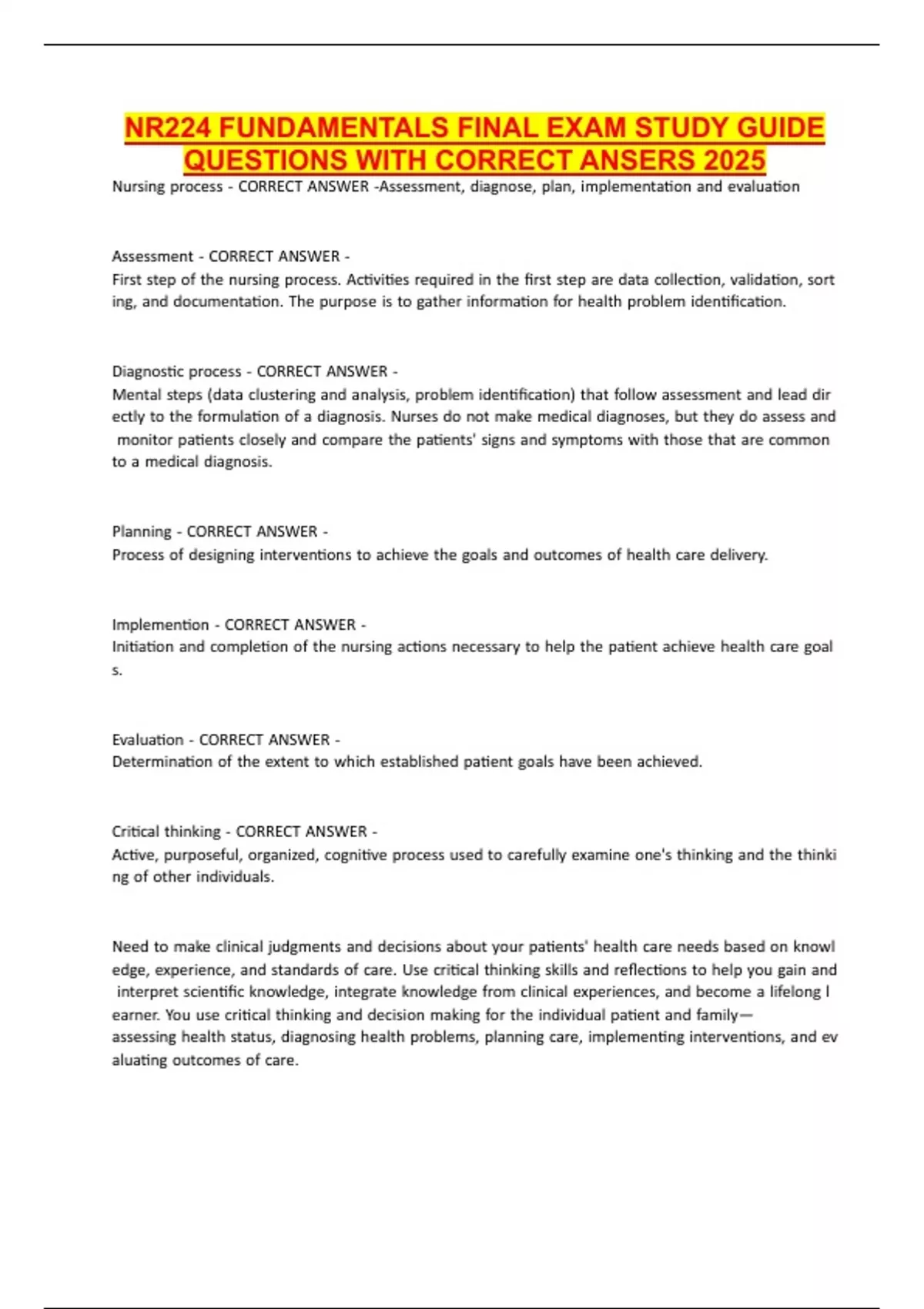 NR224 FUNDAMENTALS FINAL EXAM STUDY GUIDE QUESTIONS WITH CORRECT ANSERS ...