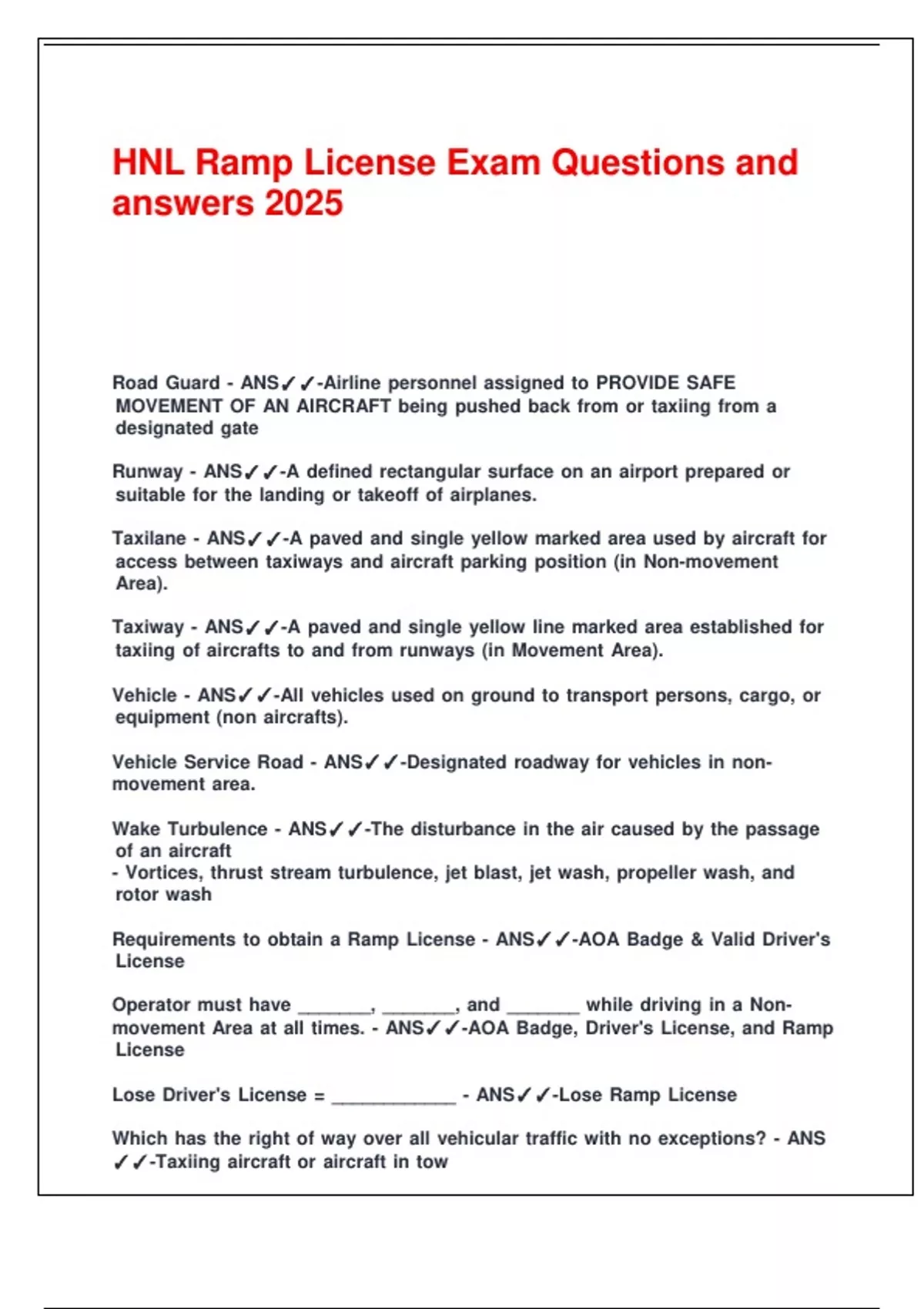 HNL Ramp License Exam Questions and answers 2025. - HNL - Stuvia US