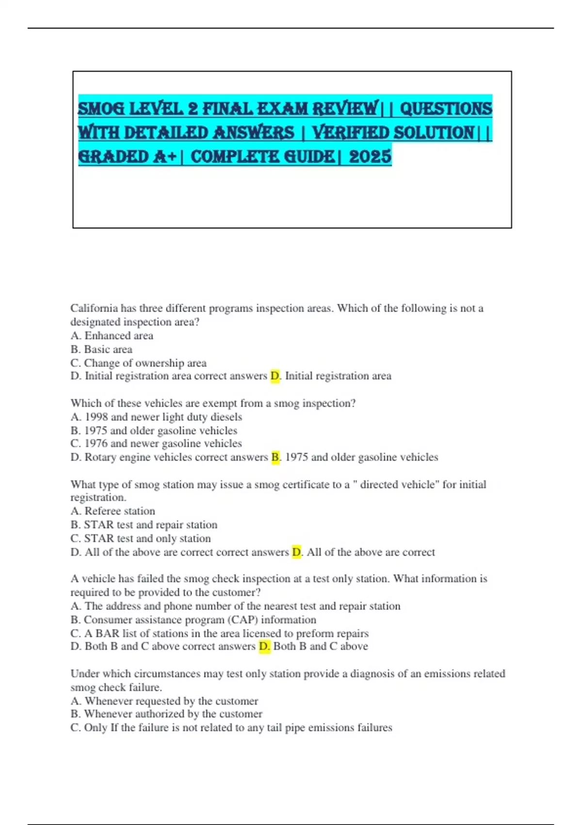 SMOG level 2 Final Exam Review|| QUESTIONS WITH DETAILED ANSWERS ...