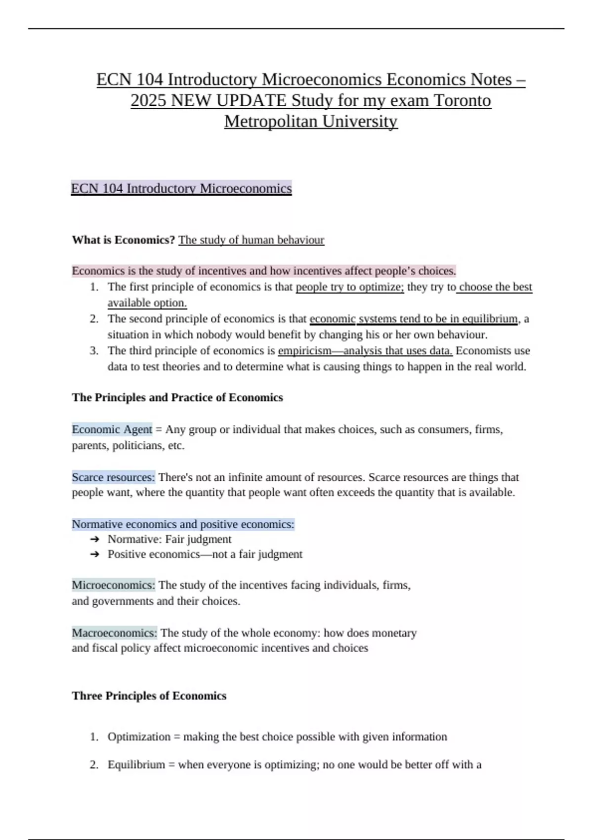 TMU ECN 104 Introductory Microeconomics Economics Notes – 2025 NEW ...