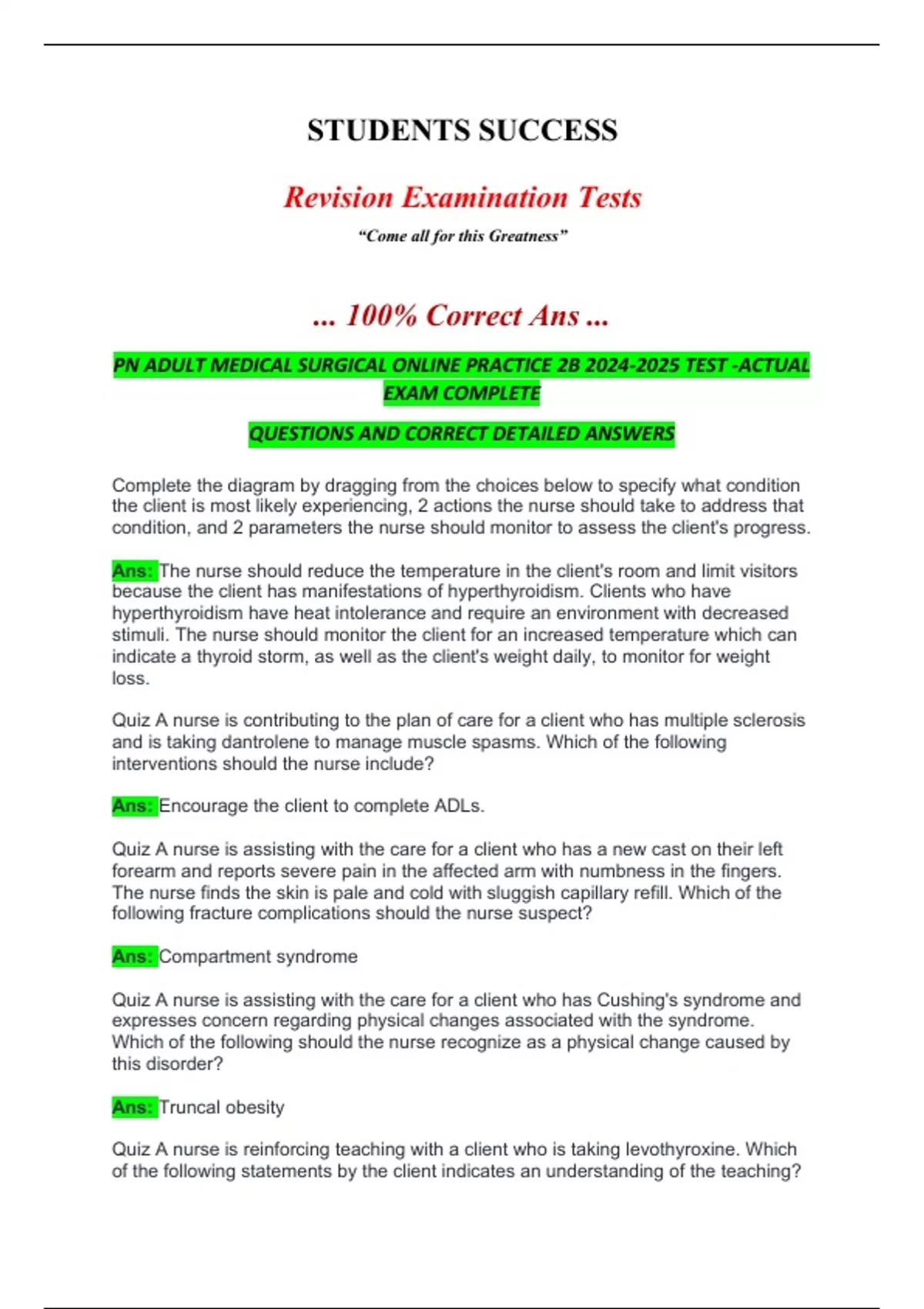 PN ADULT MEDICAL SURGICAL ONLINE PRACTICE 2B TEST -ACTUAL EXAM COMPLETE ...