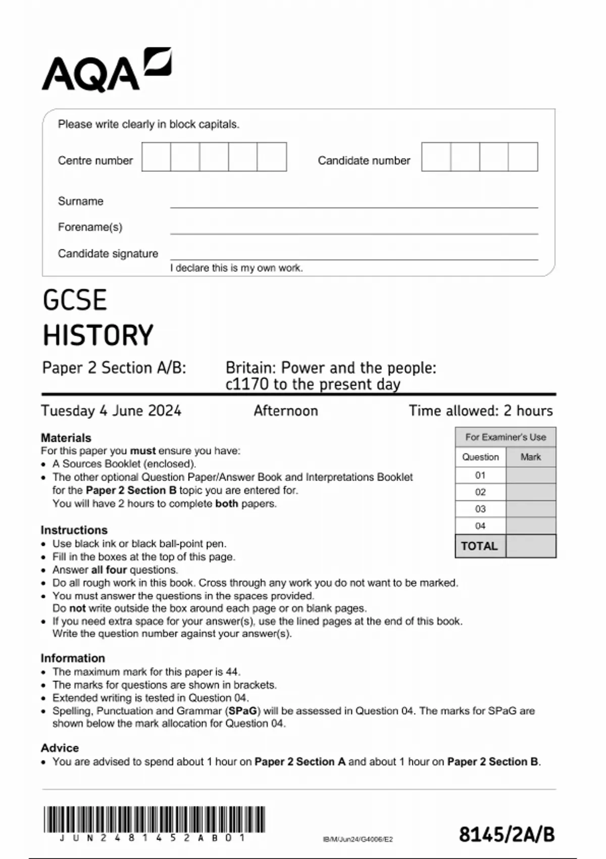 VERIFIED 2024 AQA GCSE HISTORY PAPER 2: SECTION A/B QP (8145/2A/B ...