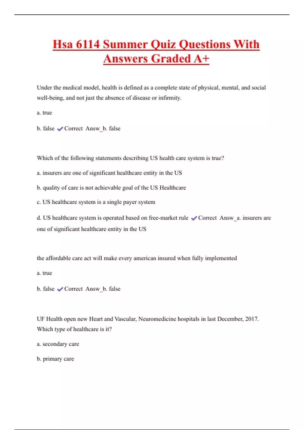 Hsa Questions Hsa 6114 Summer Quiz Questions With Answers Graded A+ - HSA6114 - Stuvia US