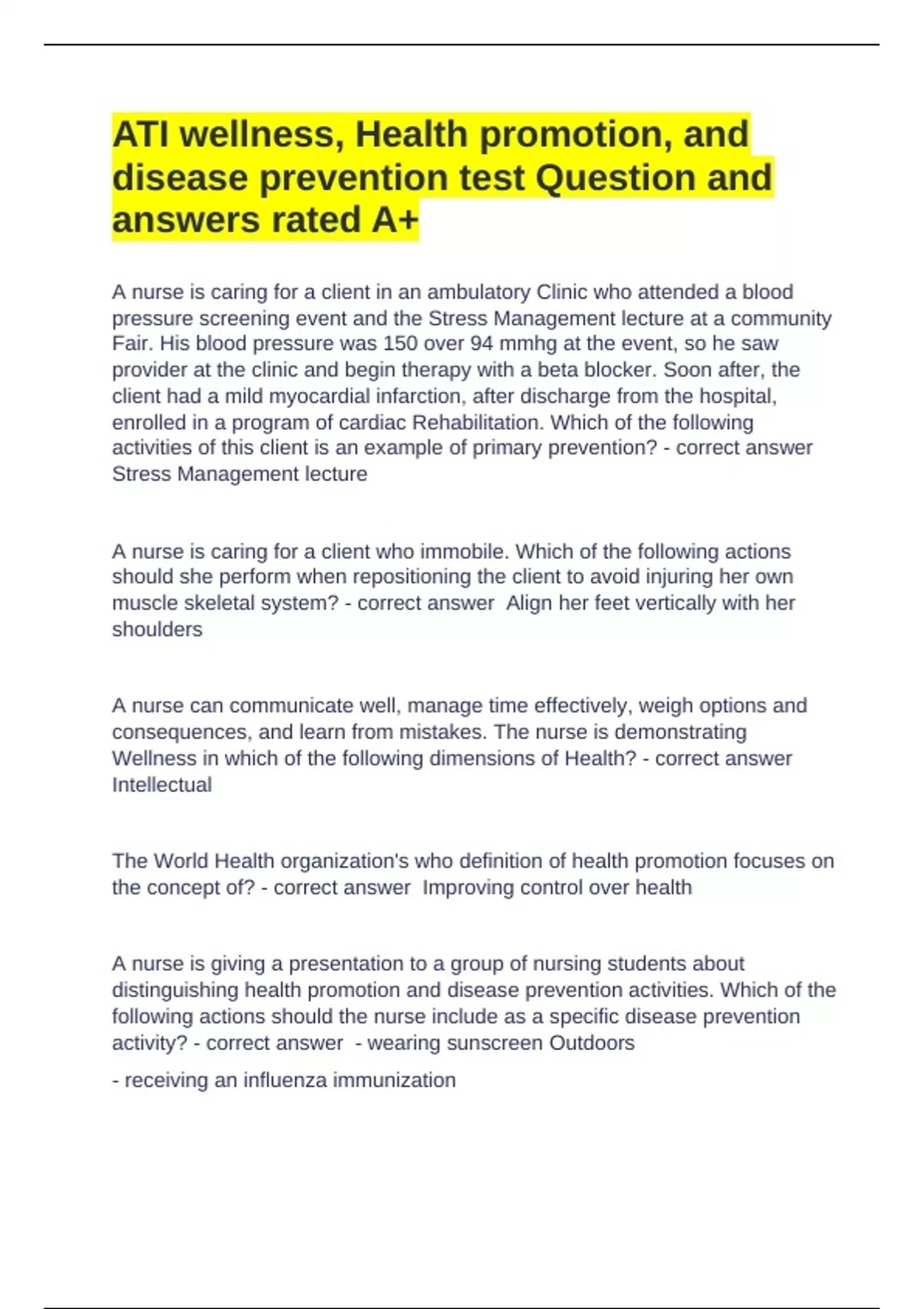 ATI wellness, Health promotion, and disease prevention test Question ...