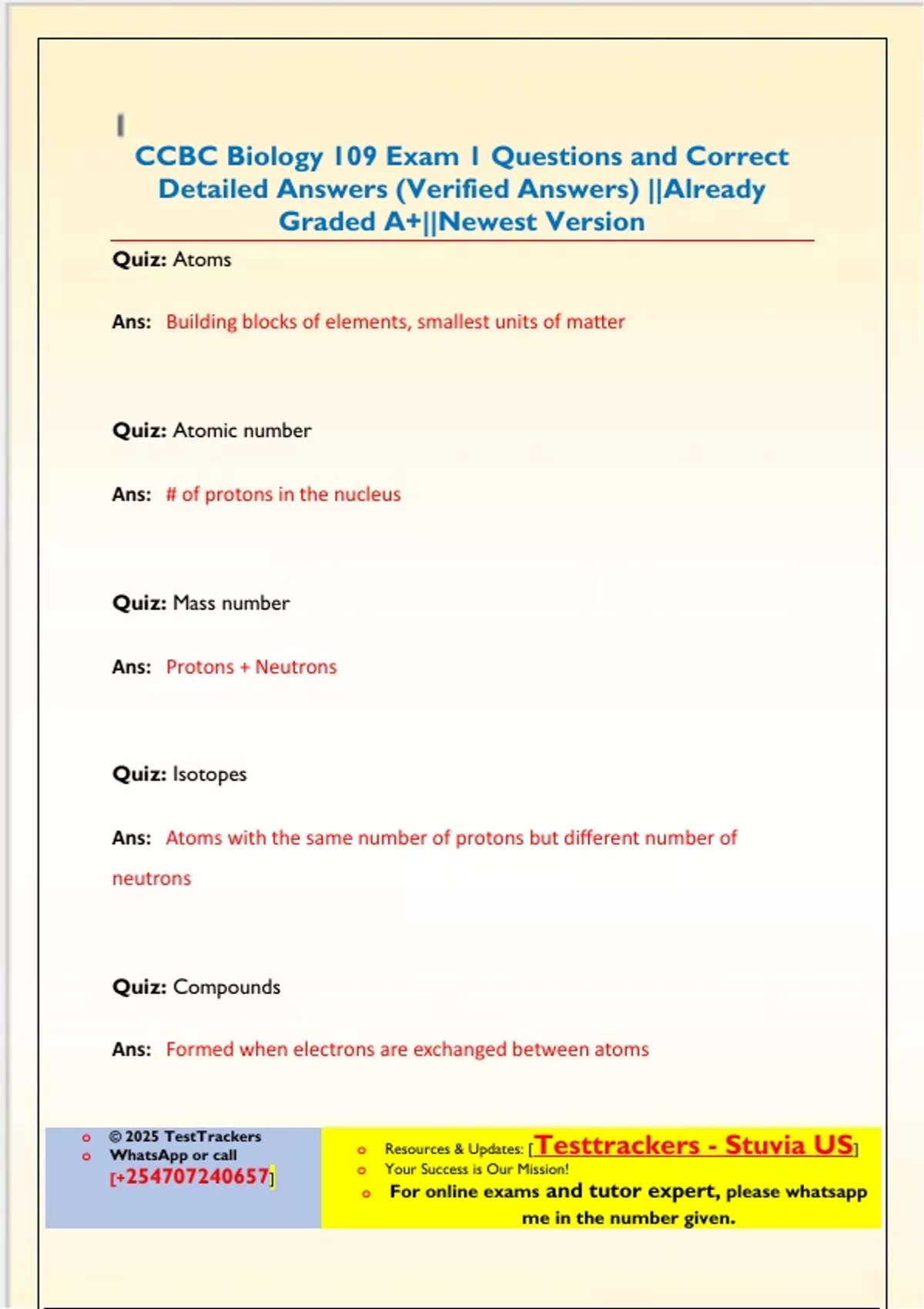 CCBC Biology 109 Exam 1 Questions and Correct Detailed Answers ...