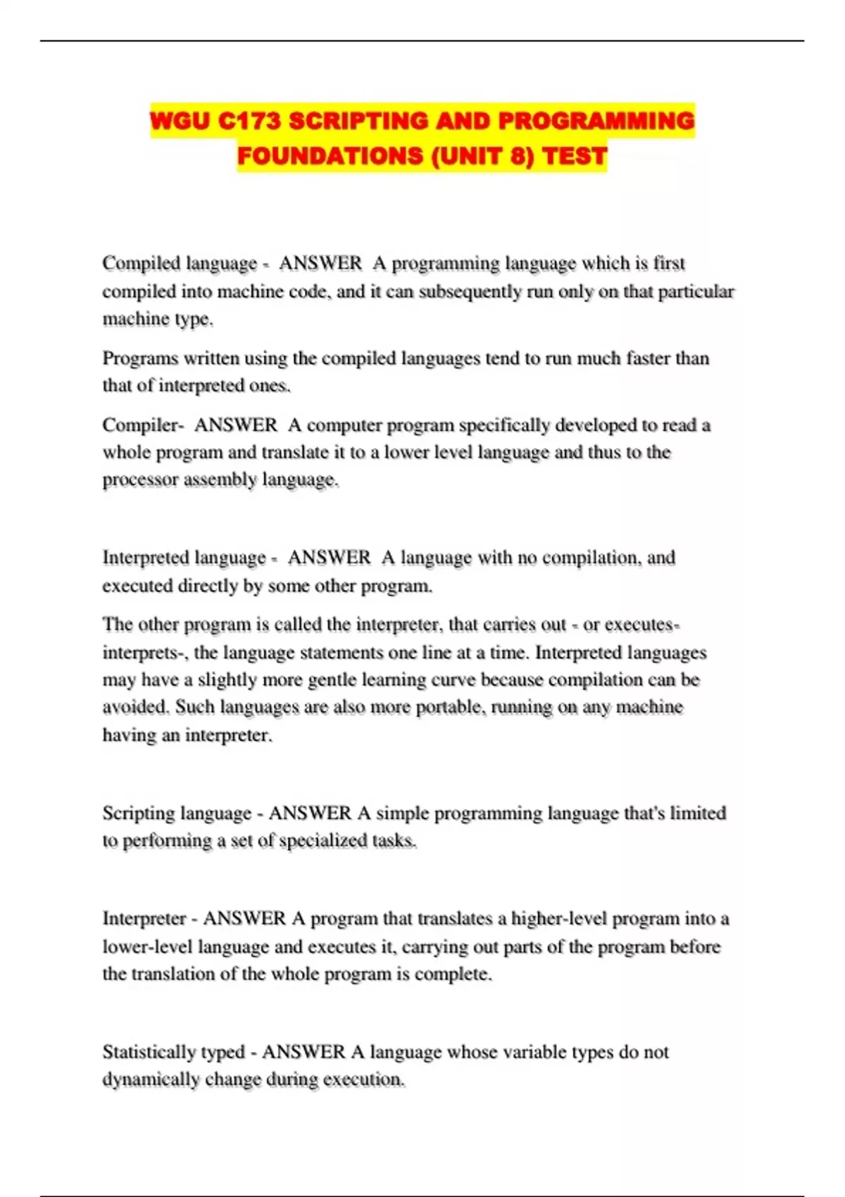 WGU C173 SCRIPTING AND PROGRAMMING FOUNDATIONS (UNIT 8) TEST - WGU C173 ...