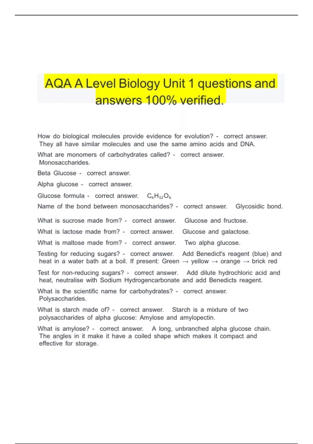 AQA A Level Biology Unit 1 questions and answers 100% verified - AQA A ...