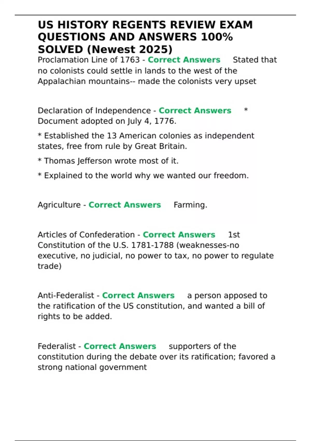 US HISTORY REGENTS REVIEW EXAM QUESTIONS AND ANSWERS 100- SOLVED ...