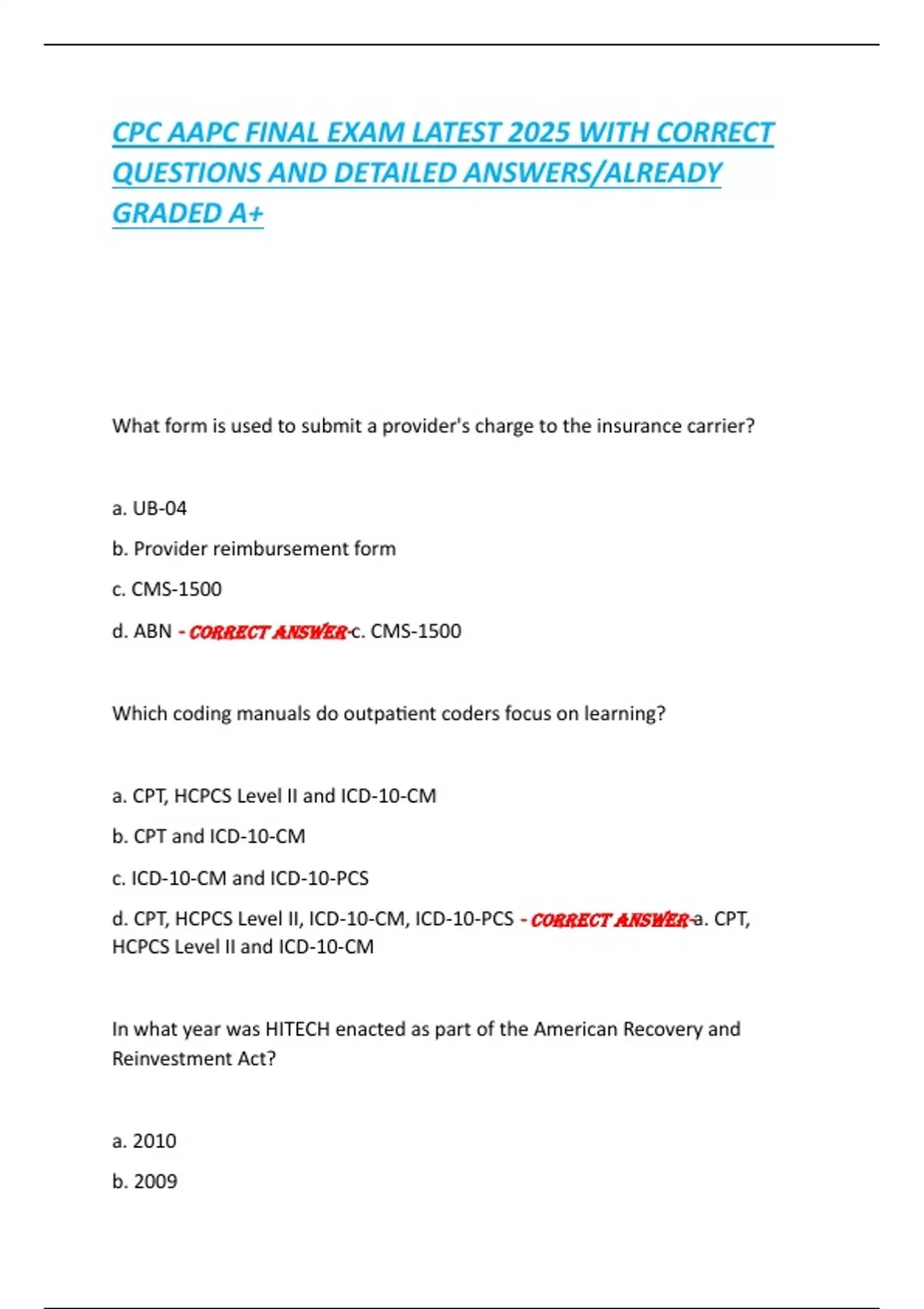 CPC AAPC FINAL EXAM LATEST 2025 WITH CORRECT QUESTIONS AND DETAILED ...